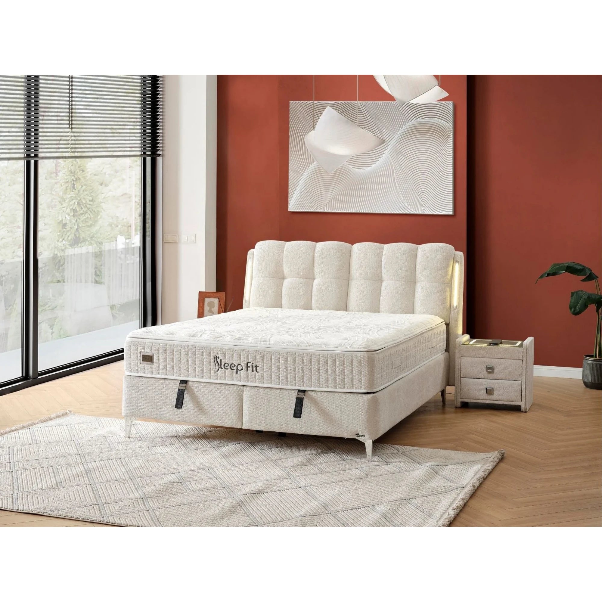 Set pat cu saltea SLEEP FIT 140x200, stofa bej - EMK66303, cu somiera si spatiu depozitare