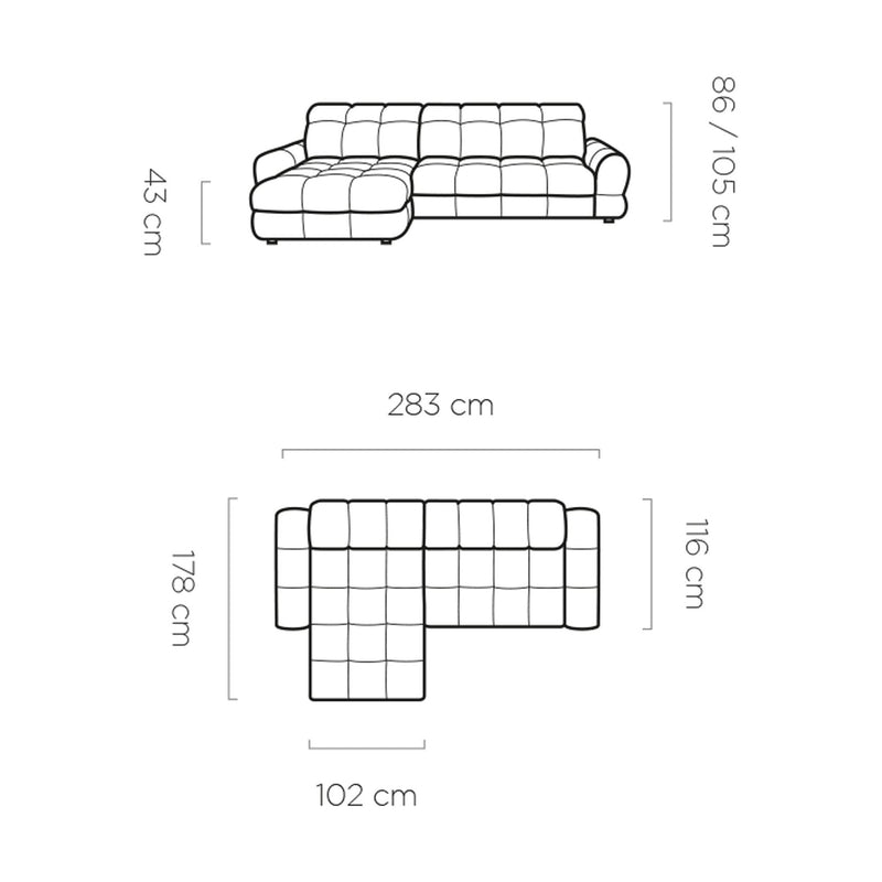 Coltar extensibil TOLLO MINI, sezlong stanga, stofa catifelata crem - Monolith 02, cu reglaj electric si lada depozitare, 283x171x105 cm