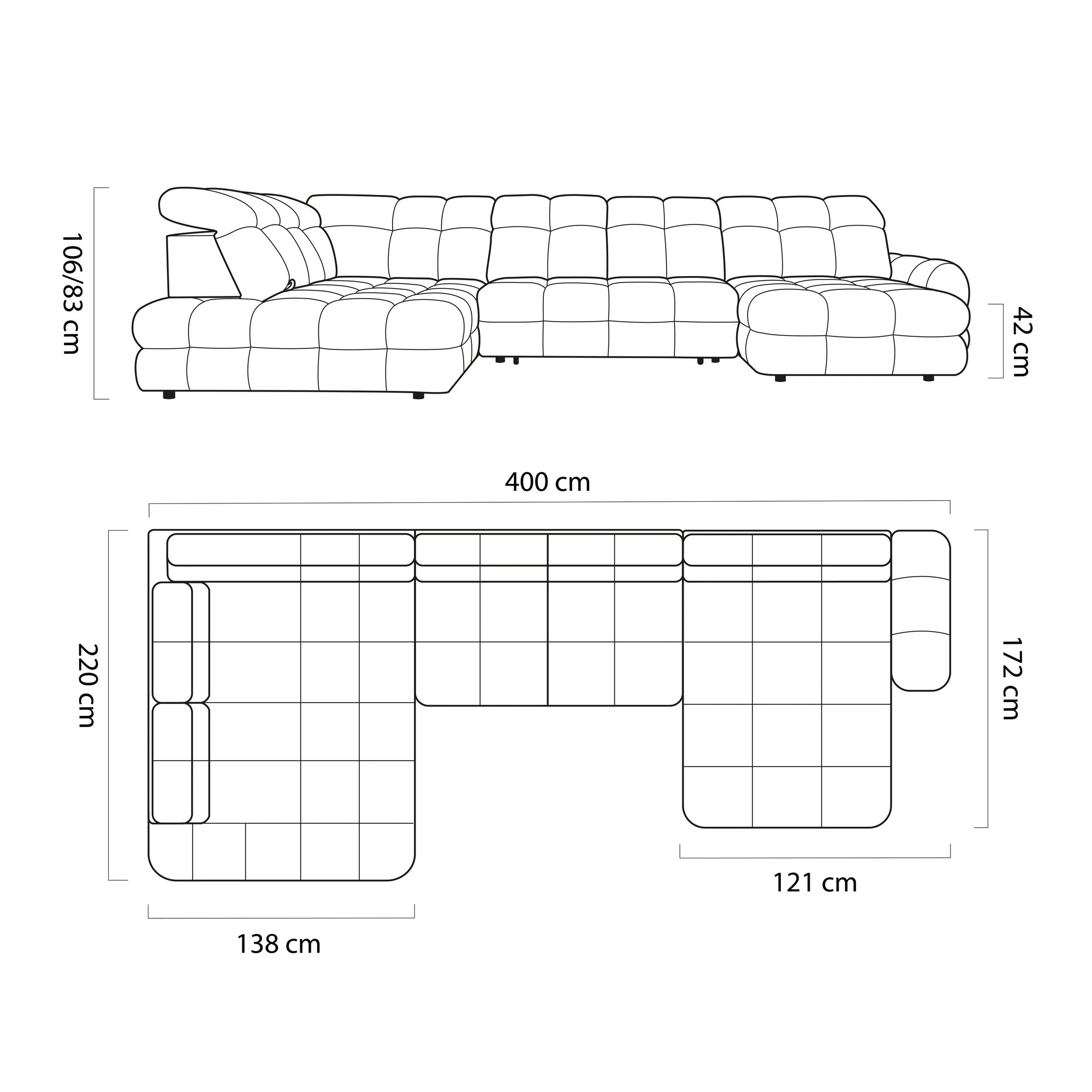 Coltar extensibil U TOLLO XL, sezlong dreapta, stofa catifelata bej - Whisper 3, cu lada depozitare si reglaj electric, 400x220x106 cm