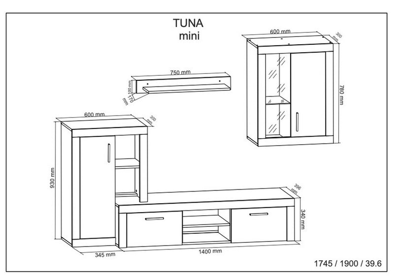 Mobilier living TERA TUNA, gri beton/pin alb, PAL, 210x40x190 cm