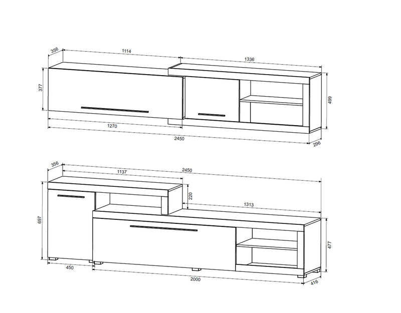 Mobilier living VERONIKA, gri/stejar, PAL, 245x42x190 cm