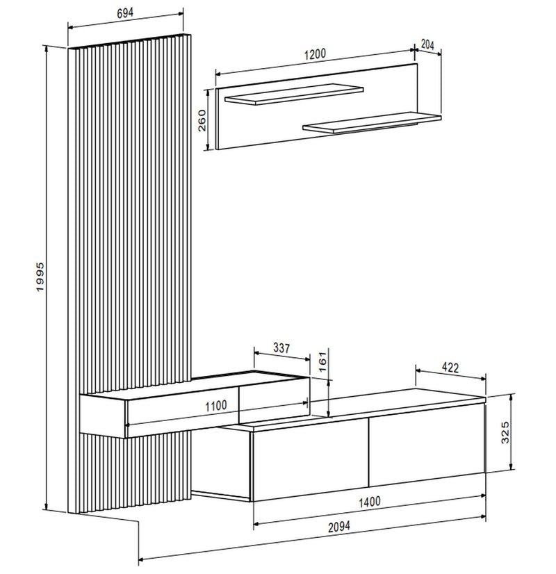 Mobilier living REBECA, stejar artisan/negru, PAL, 210x43x200 cm