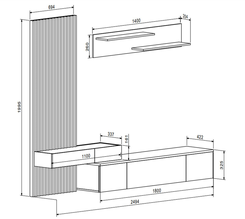 Mobilier living REBECA PLUS, stejar artisan/alb, PAL, 250x43x200 cm