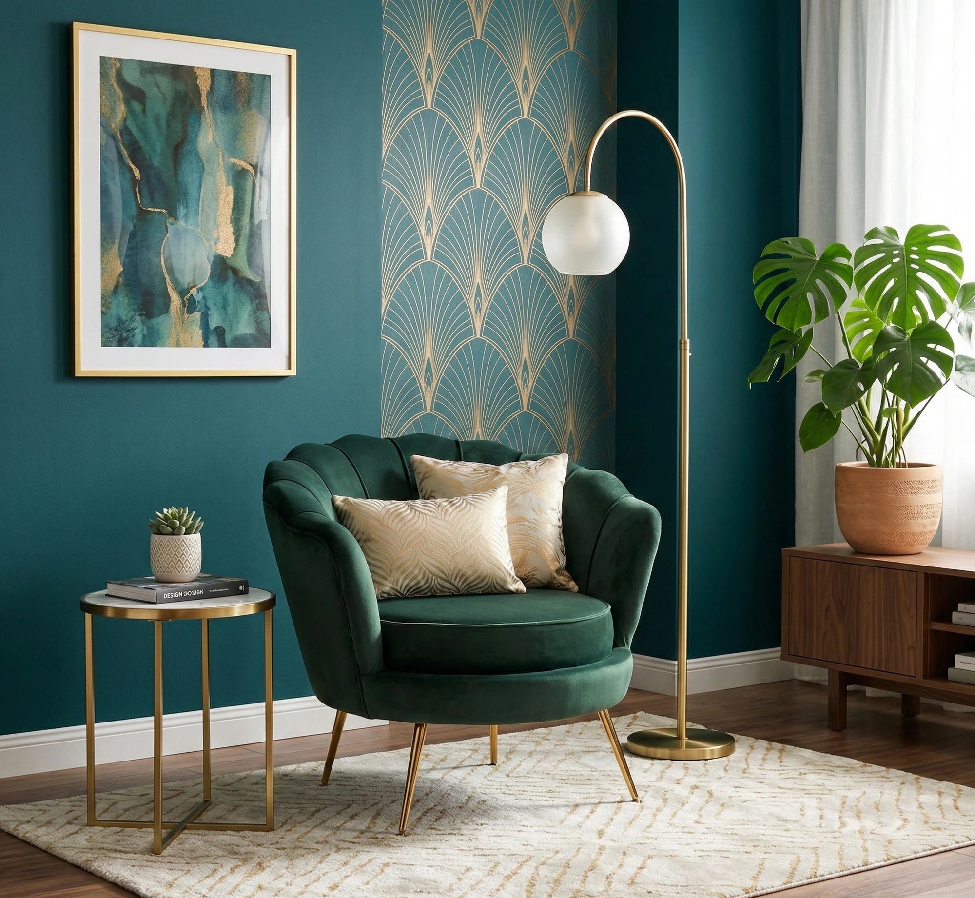 Fotoliu pentru living AMORINITO, verde inchis/auriu, stofa catifelata/otel, 81x77x77 cm