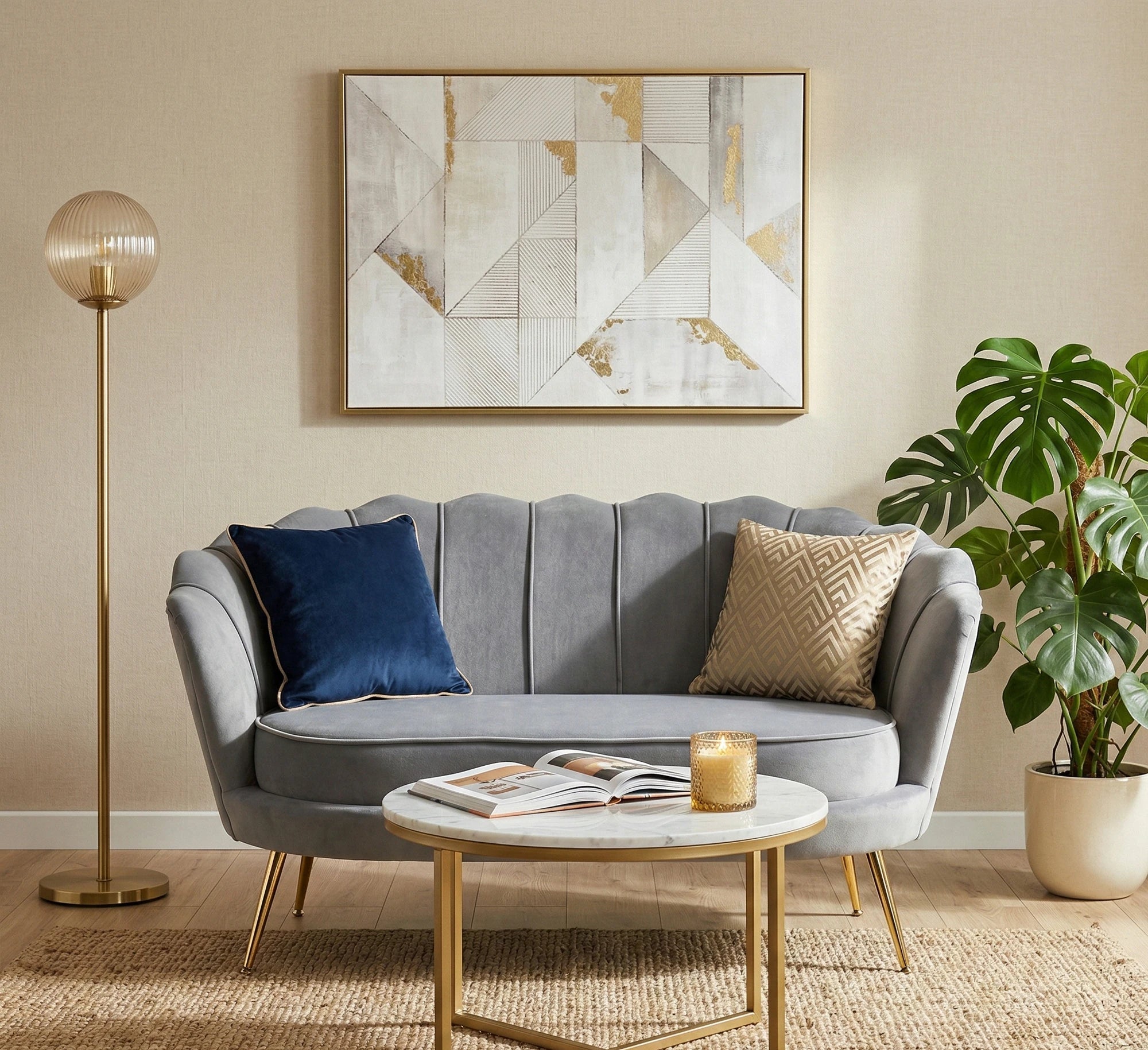 Canapea AMORINITO XL, gri/auriu, stofa catifelata/otel, 131x77x77 cm