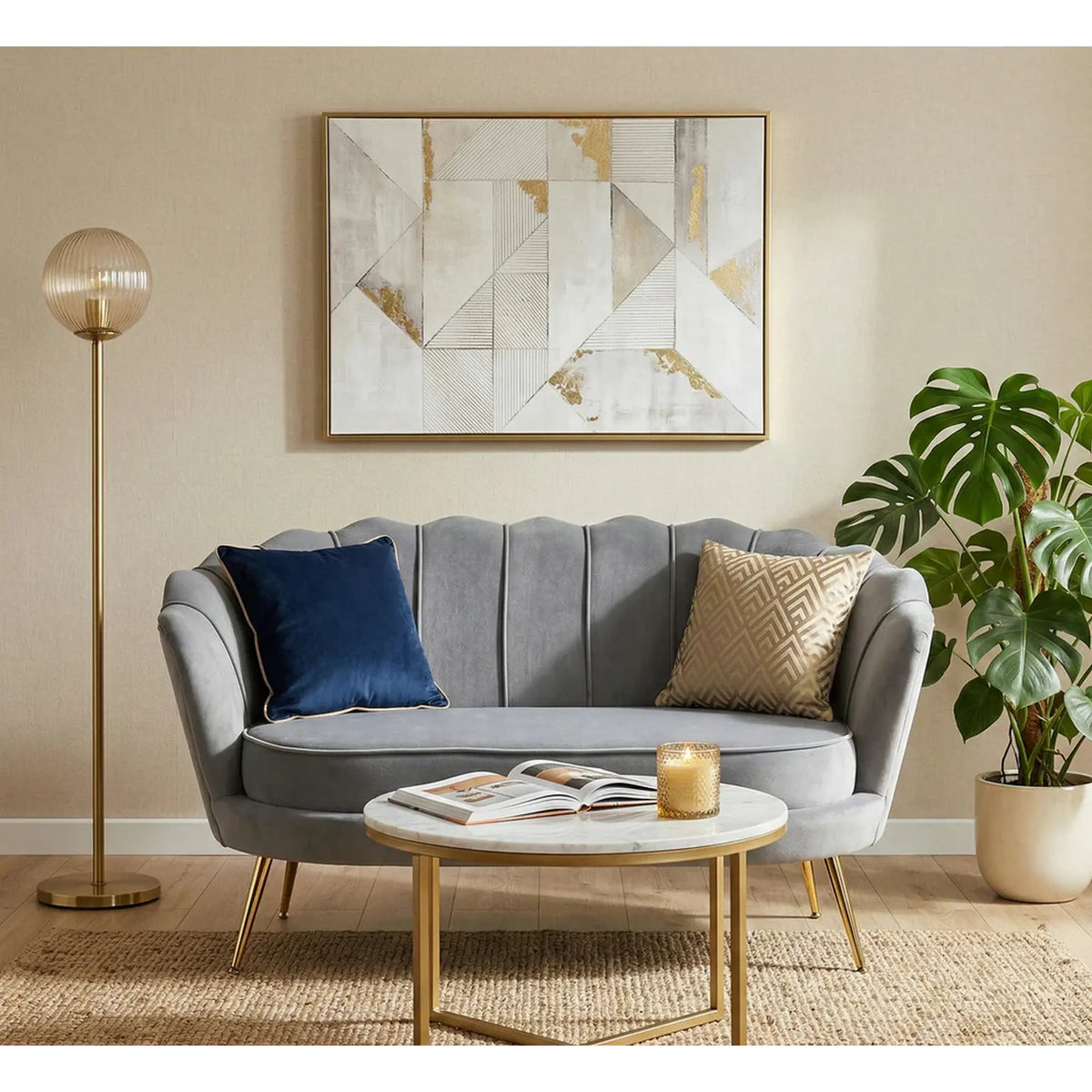 Canapea AMORINITO XL, gri/auriu, stofa catifelata/otel, 131x77x77 cm