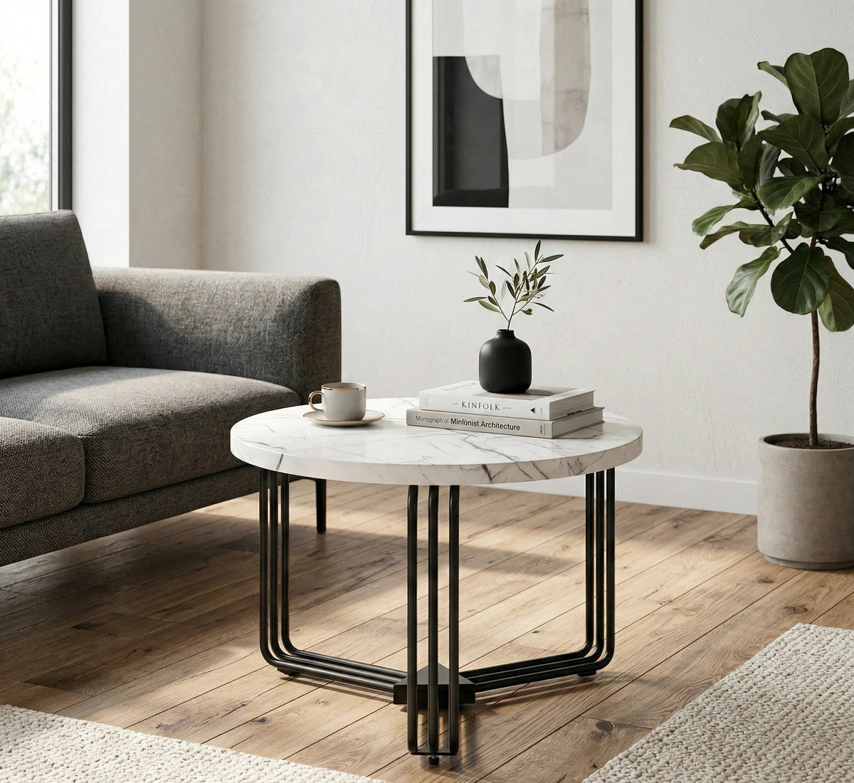 Masuta cafea ANTICA M, alb cu efect de marmura/negru, 55x55x41 cm