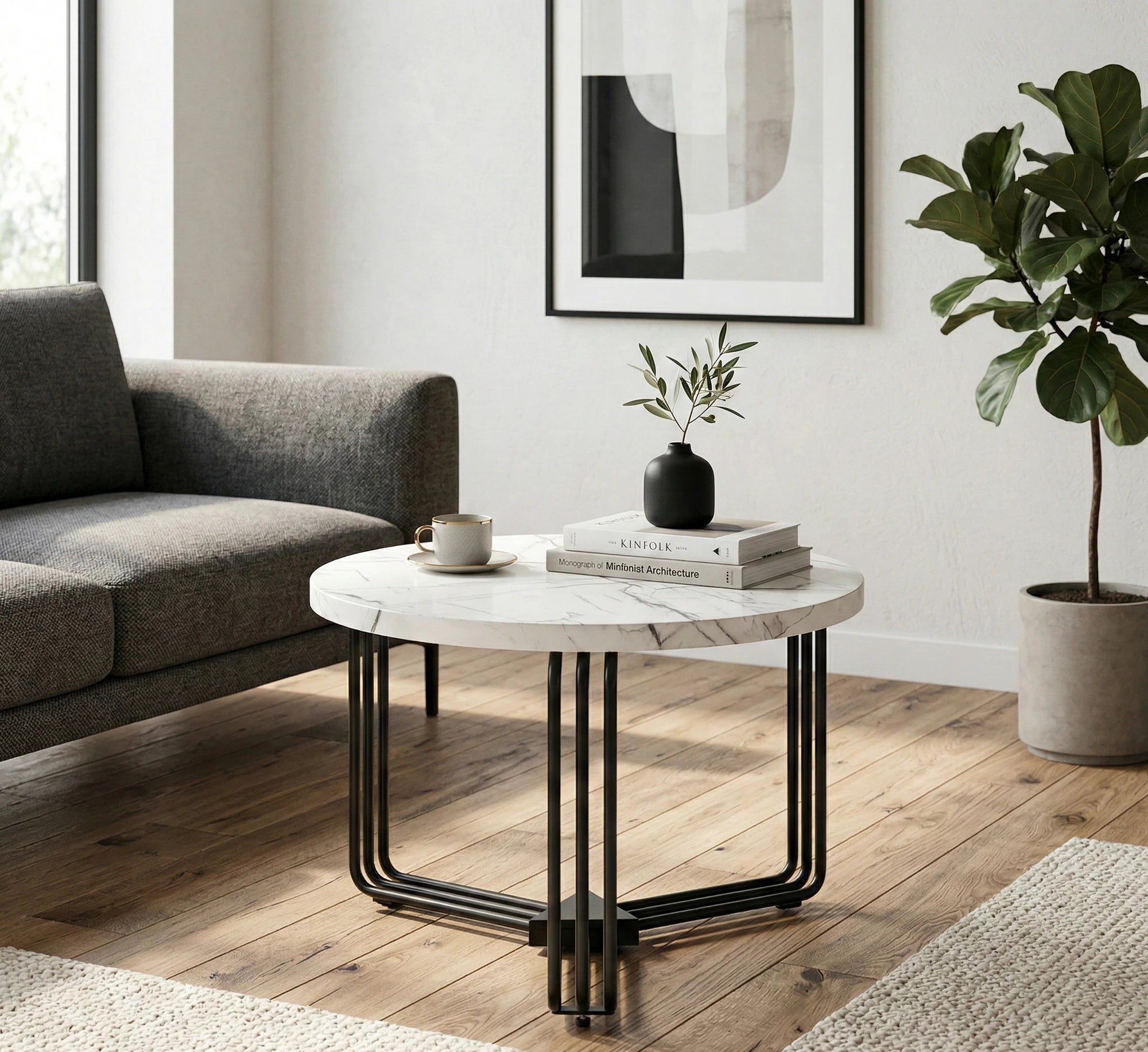 Masuta cafea ANTICA M, alb cu efect de marmura/negru, 55x55x41 cm