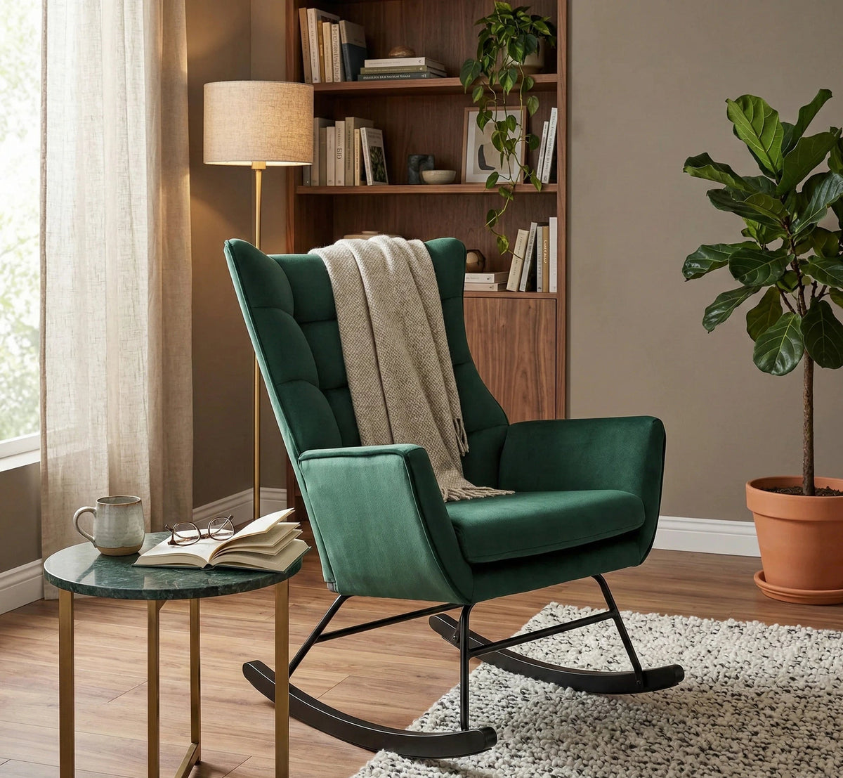 Scaun balansoar tapitat BAZALTO, verde/negru, stofa catifelata, 70x90x92 cm