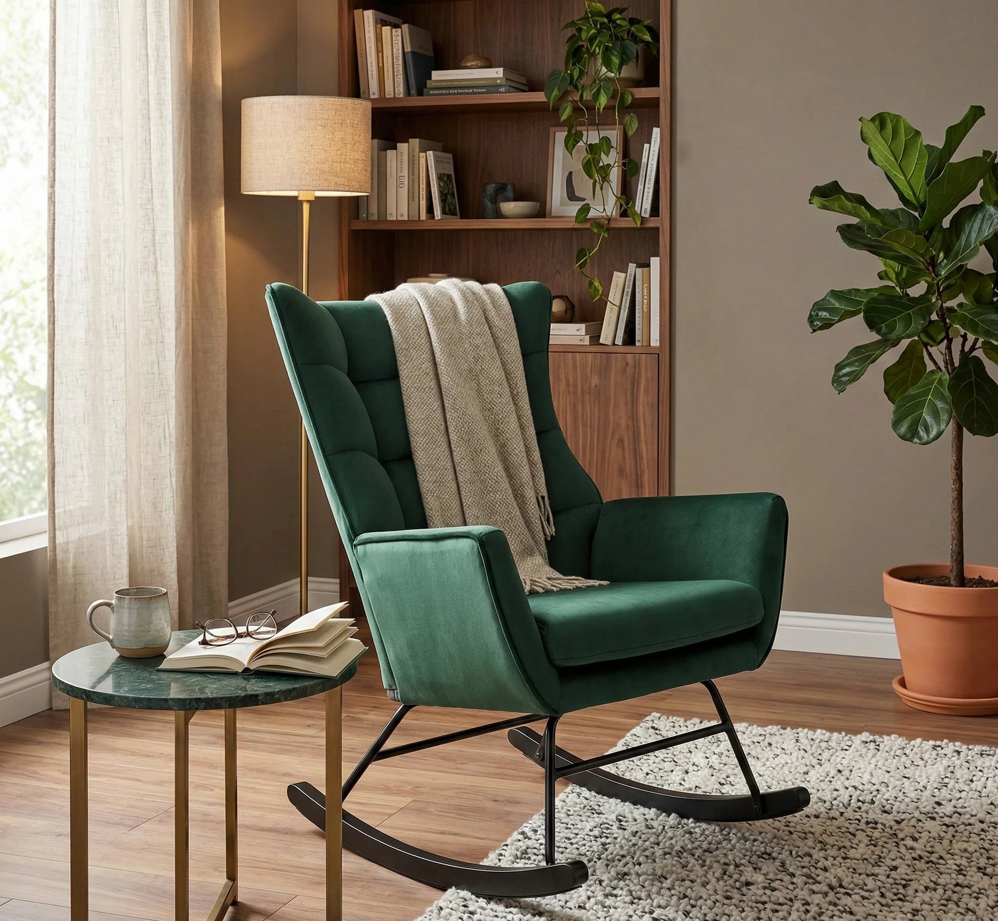 Scaun balansoar tapitat BAZALTO, verde/negru, stofa catifelata, 70x90x92 cm