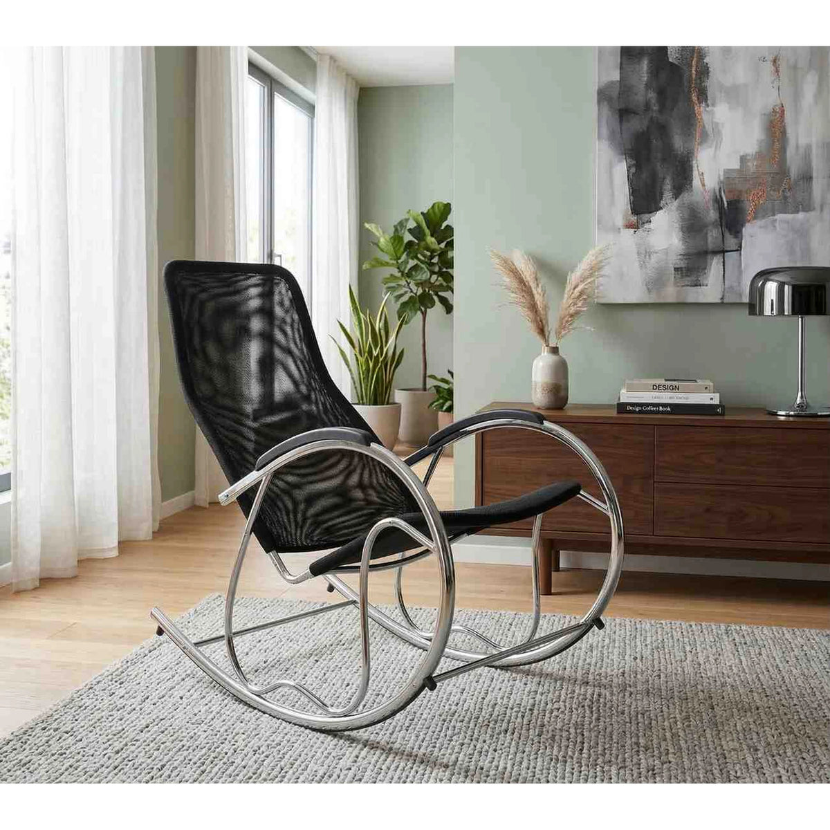 Scaun balansoar BEN 2, negru/crom, panza/metal, 55x97x99 cm
