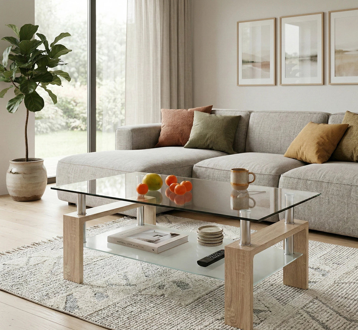Masuta cafea DIANA H, transparent/stejar sonoma, 110x60x55 cm