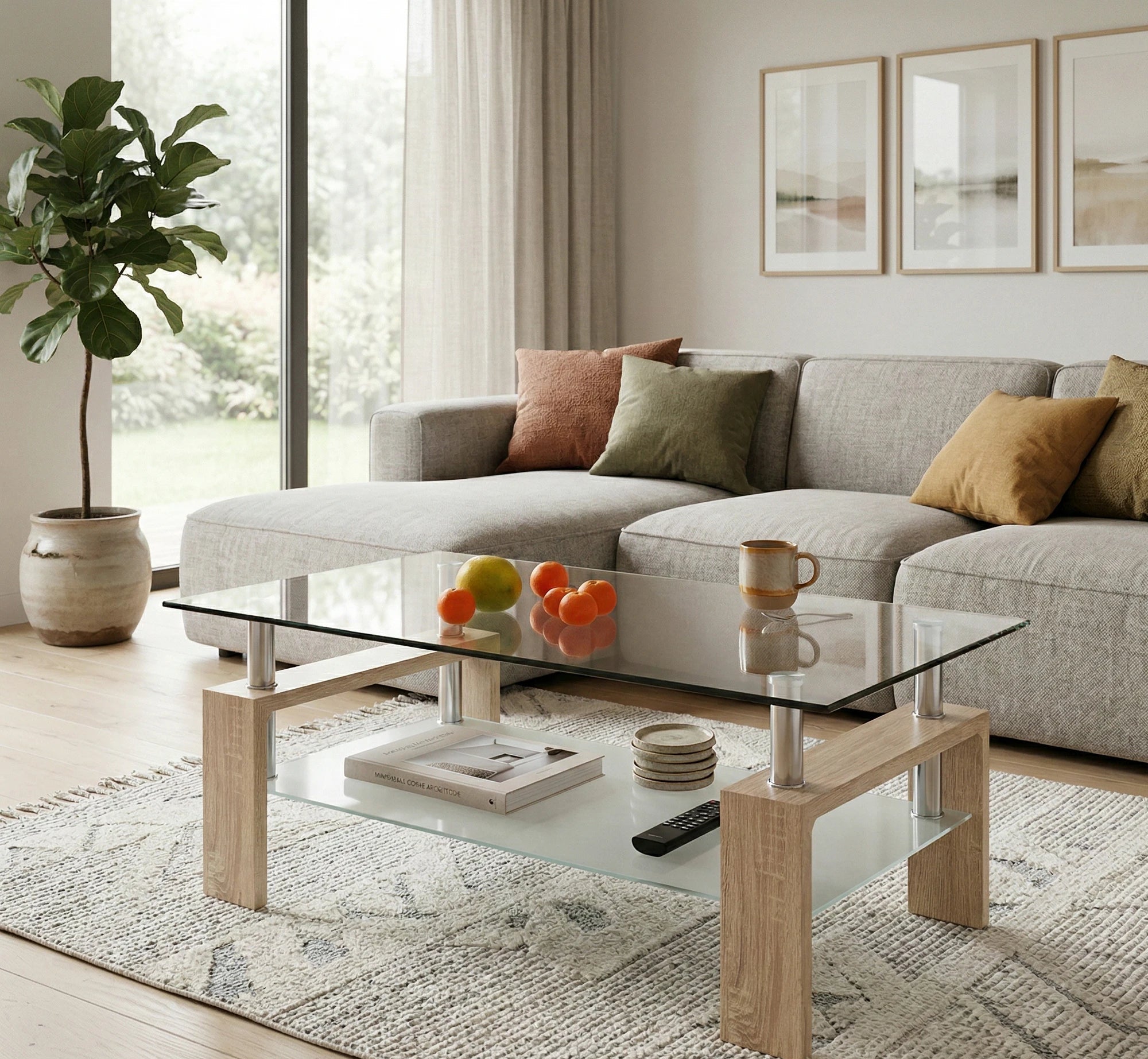 Masuta cafea DIANA H, transparent/stejar sonoma, 110x60x55 cm