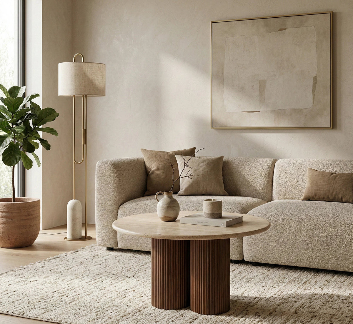 Masuta DOROTEA S, piatra travertin/nuc, 50x56 cm | Acaju.ro✔️