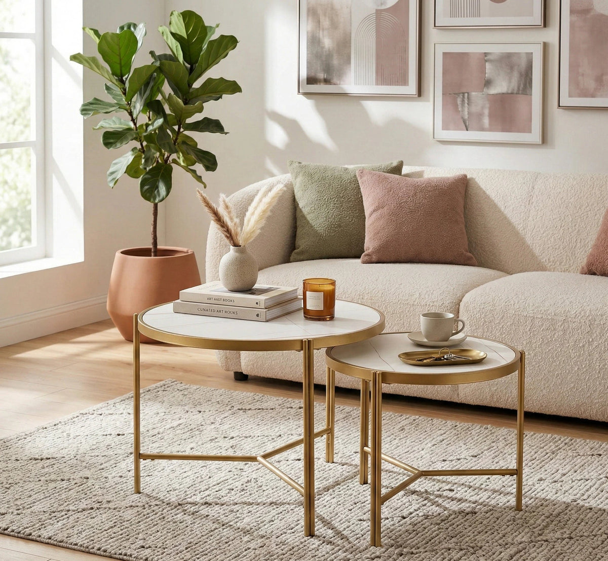 Set 2 masute cafea FATIMA, alb cu efect de marmura/auriu, ceramica/metal