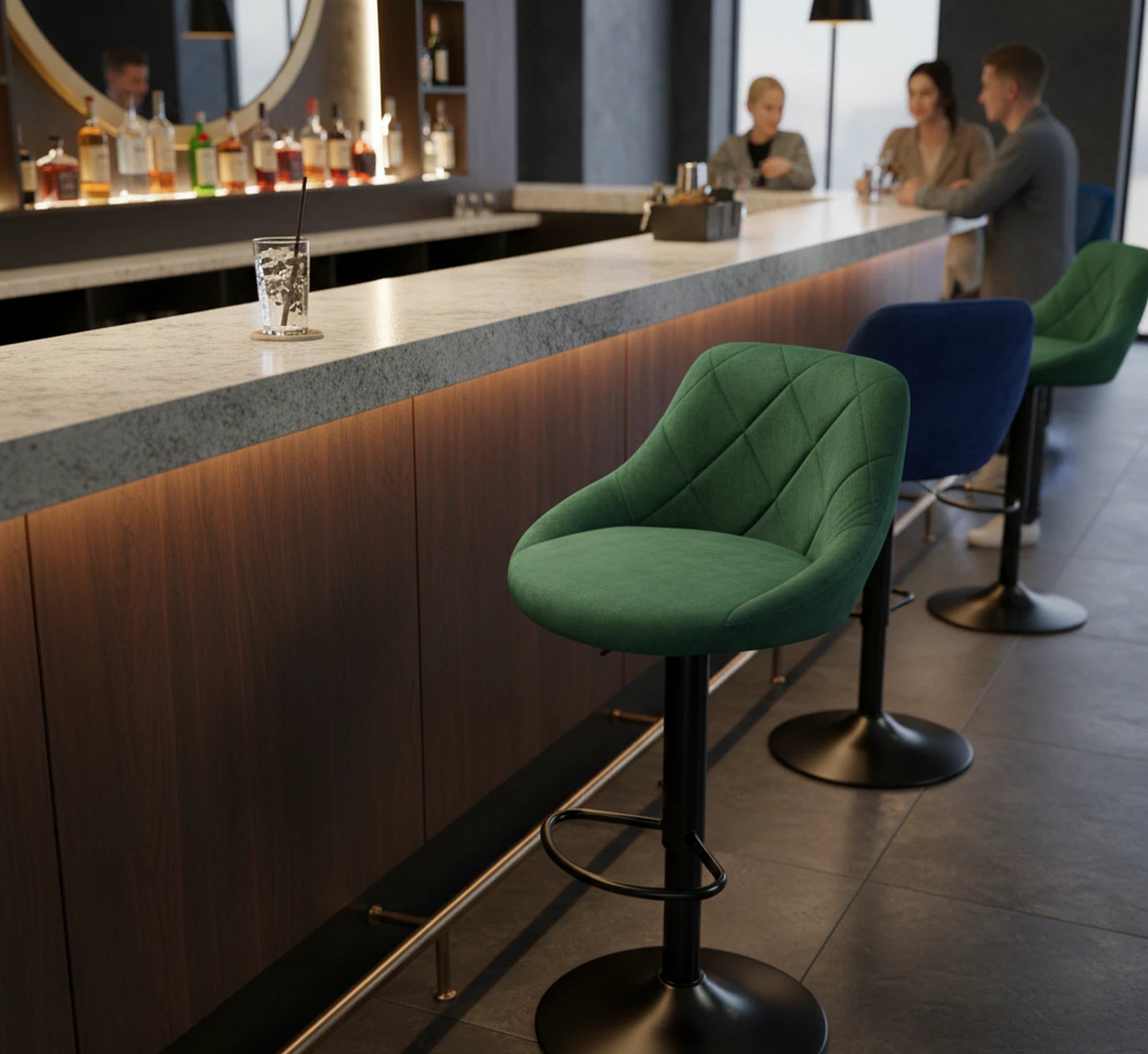 Scaun bar H101, verde inchis/negru, stofa catifelata/metal, 47x45x84/106 cm