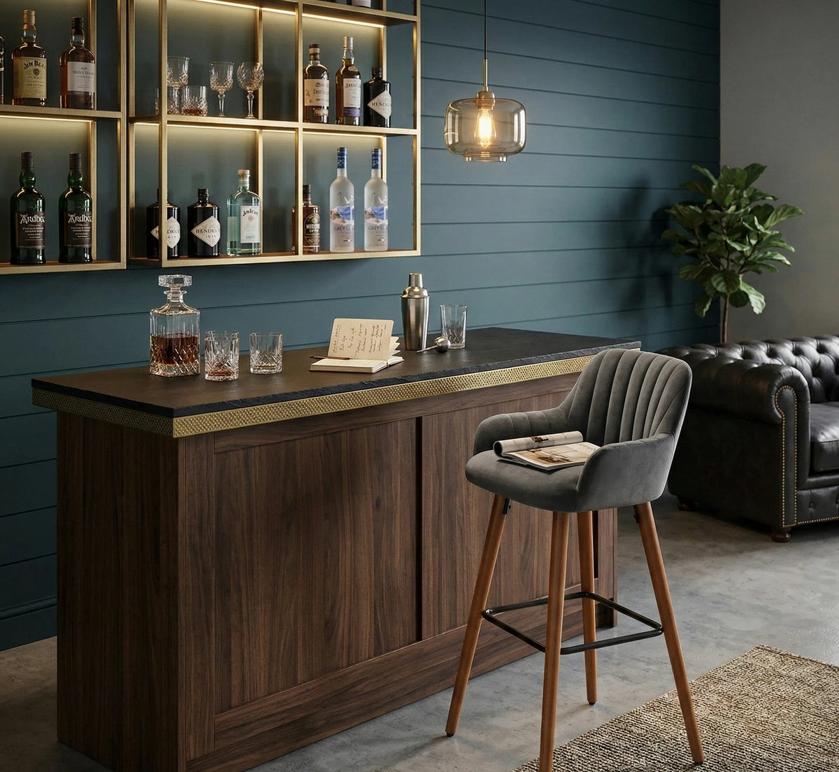 Scaun bar H93, gri inchis/nuc, stofa/lemn, 47x49x98 cm