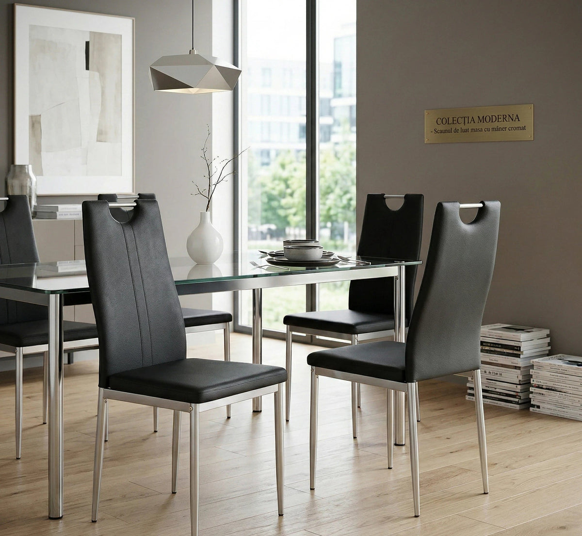 Scaune dining K202, negru/crom, piele ecologica/metal, 44X54X97 CM