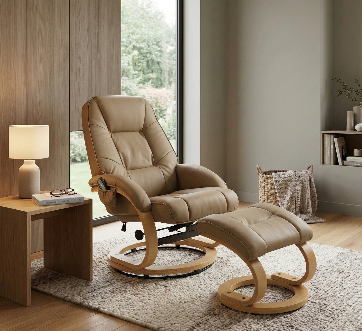 Fotoliu recliner cu taburet MATADOR, bej/stejar, piele ecologica/lemn