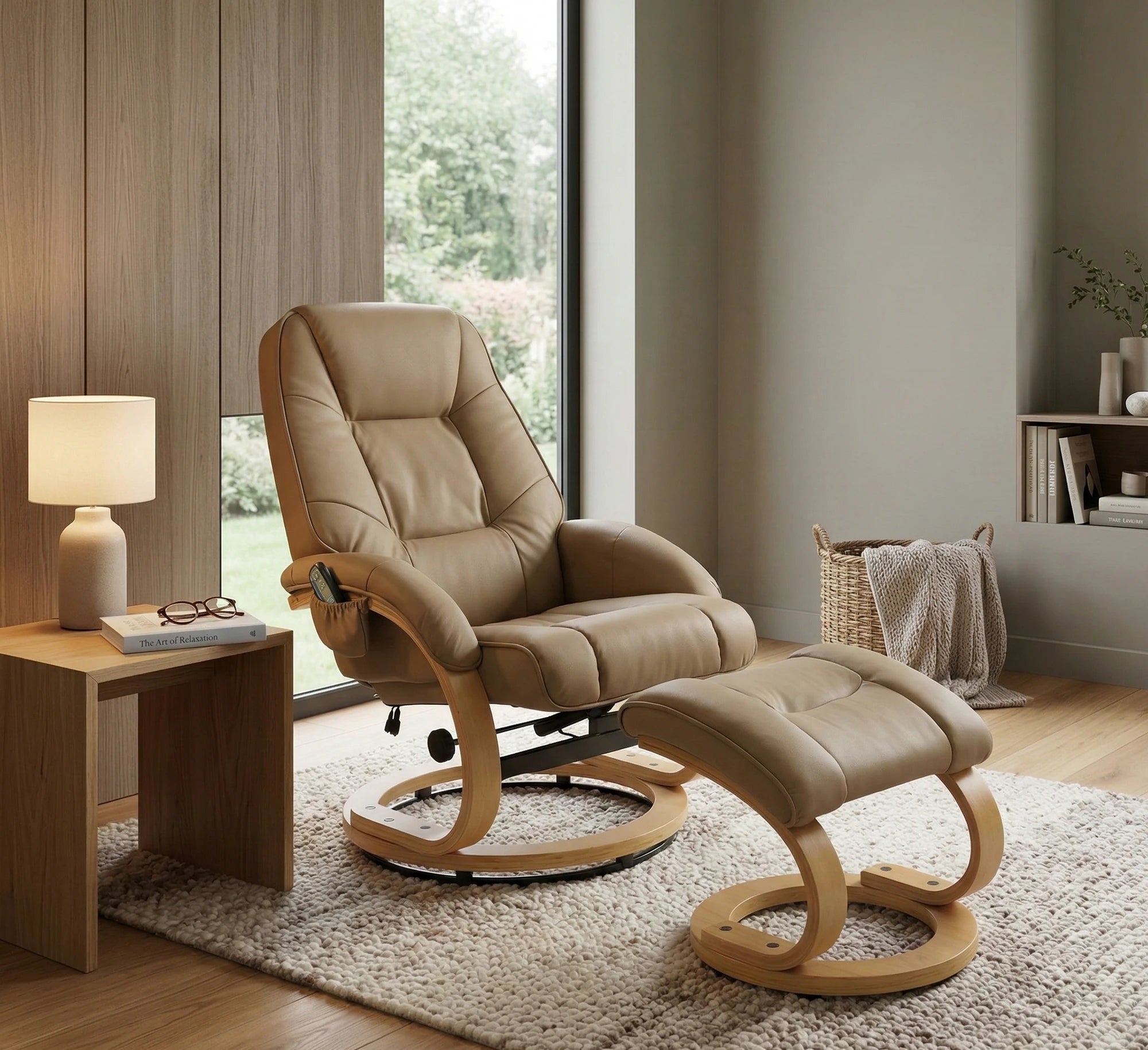 Fotoliu recliner cu taburet MATADOR, bej/stejar, piele ecologica/lemn