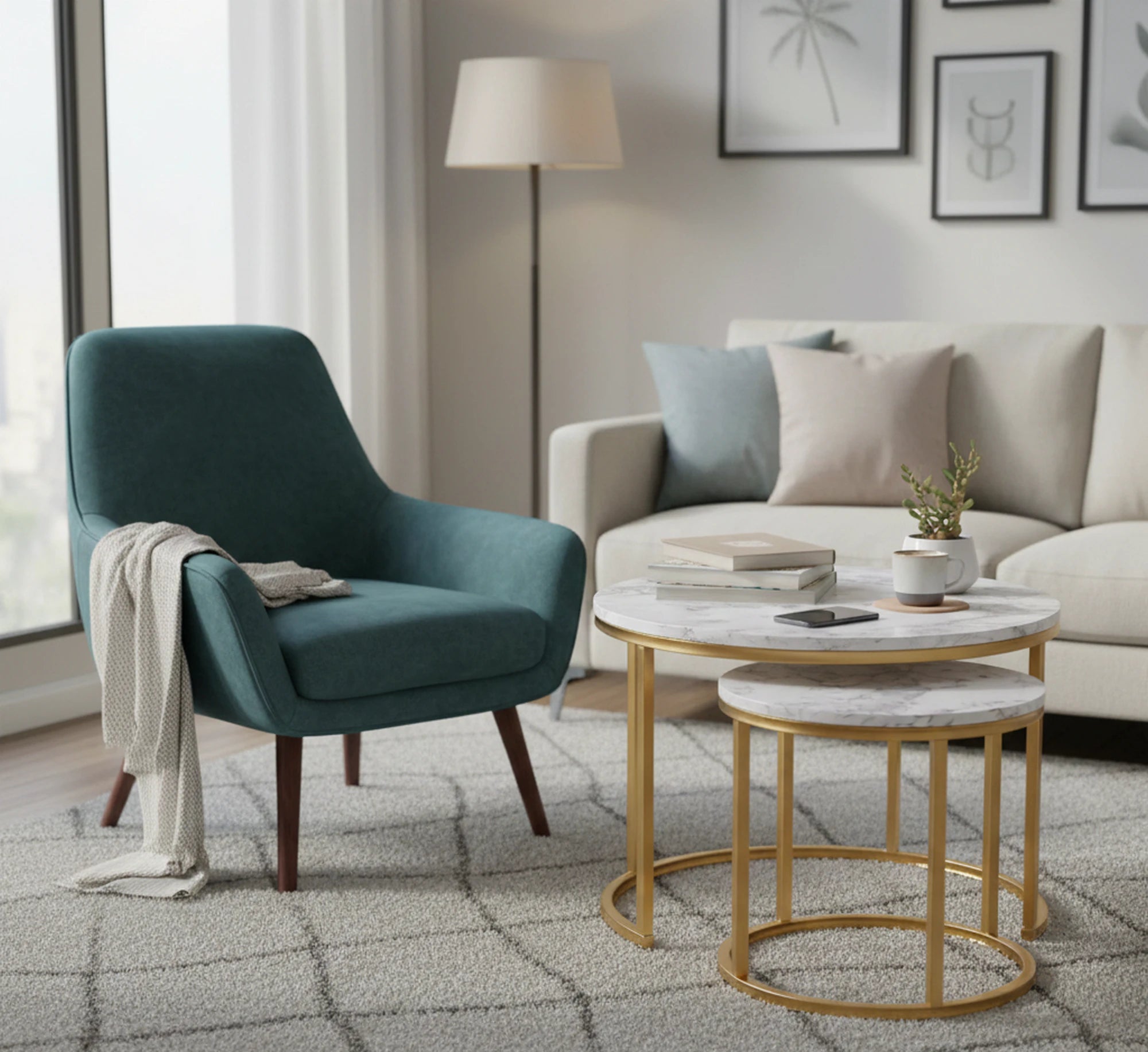 Set 2 masute cafea PAOLA, alb cu efect de marmura/auriu