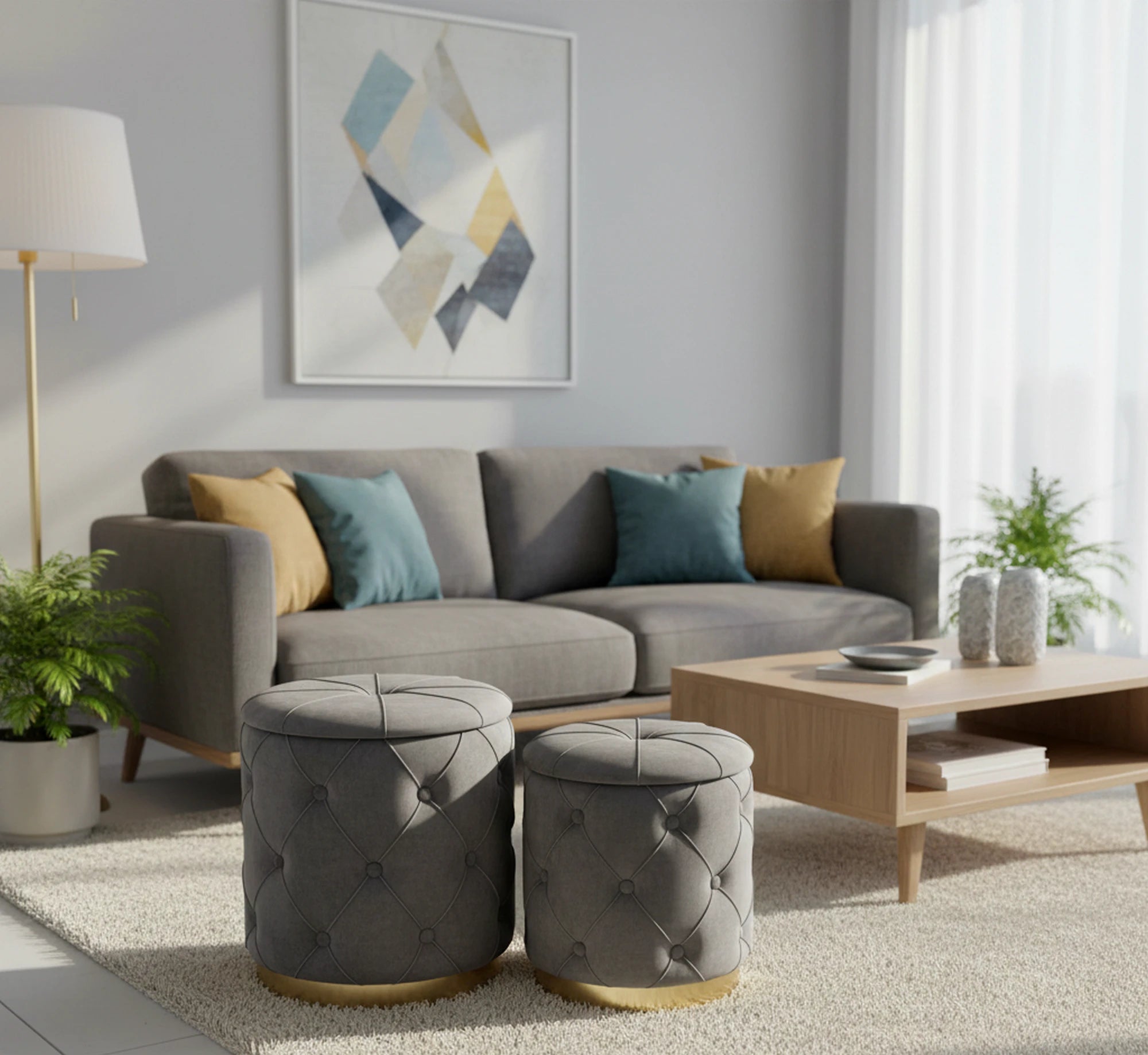 Set 2 tabureti POLLY, stofa catifelata, gri, cu spatiu depozitare