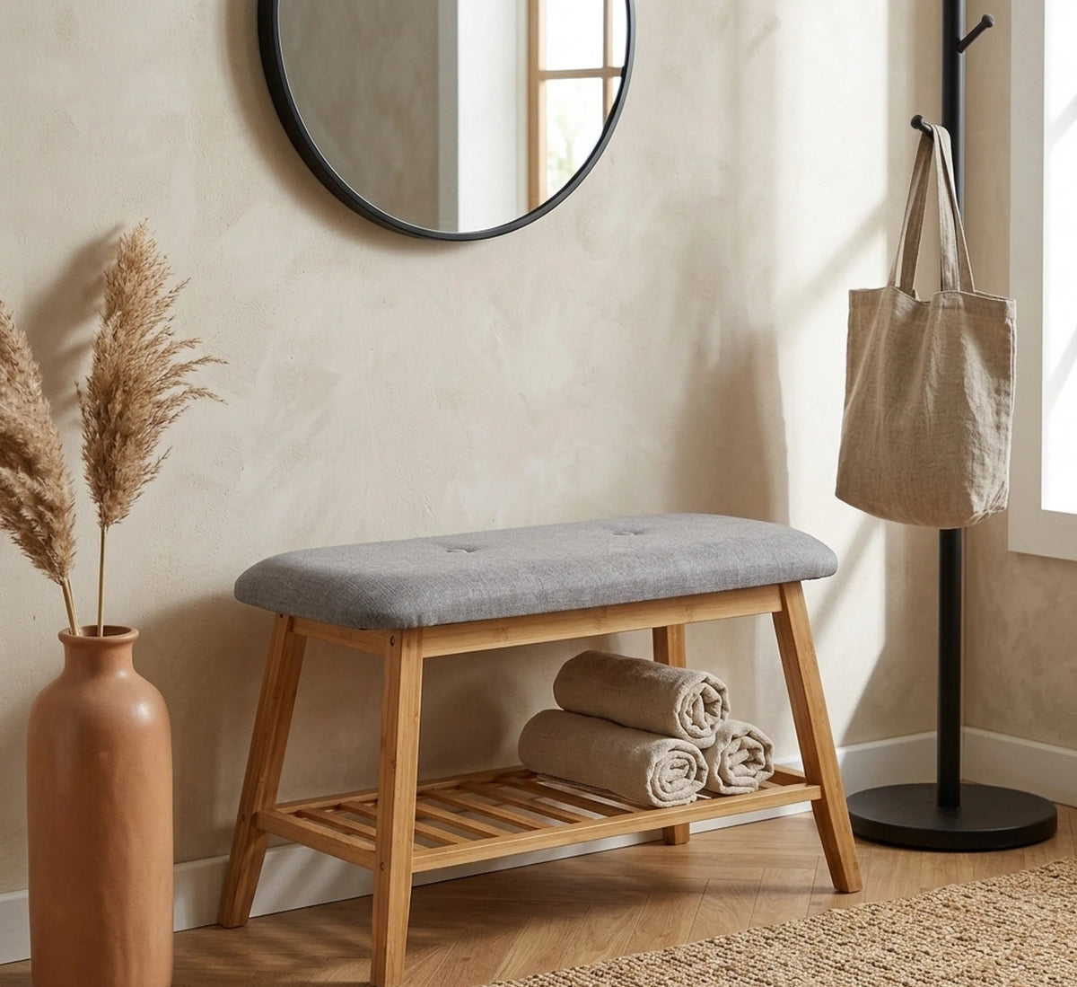 Pantofar ST14, gri/stejar natural, stofa/lemn de bambus, 60x30x44 cm