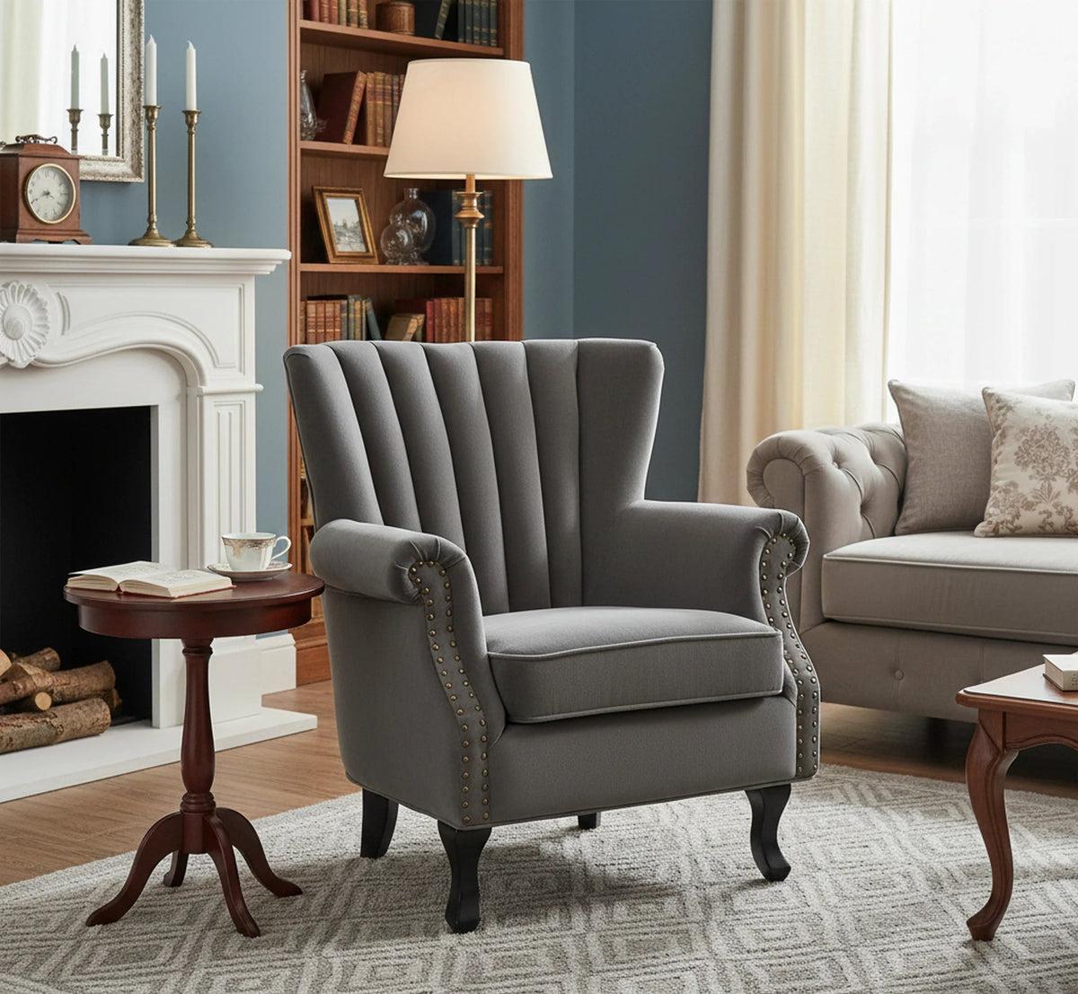 Fotoliu pentru living TITAN, gri/negru, stofa catifelata/lemn, 73x70x87 cm