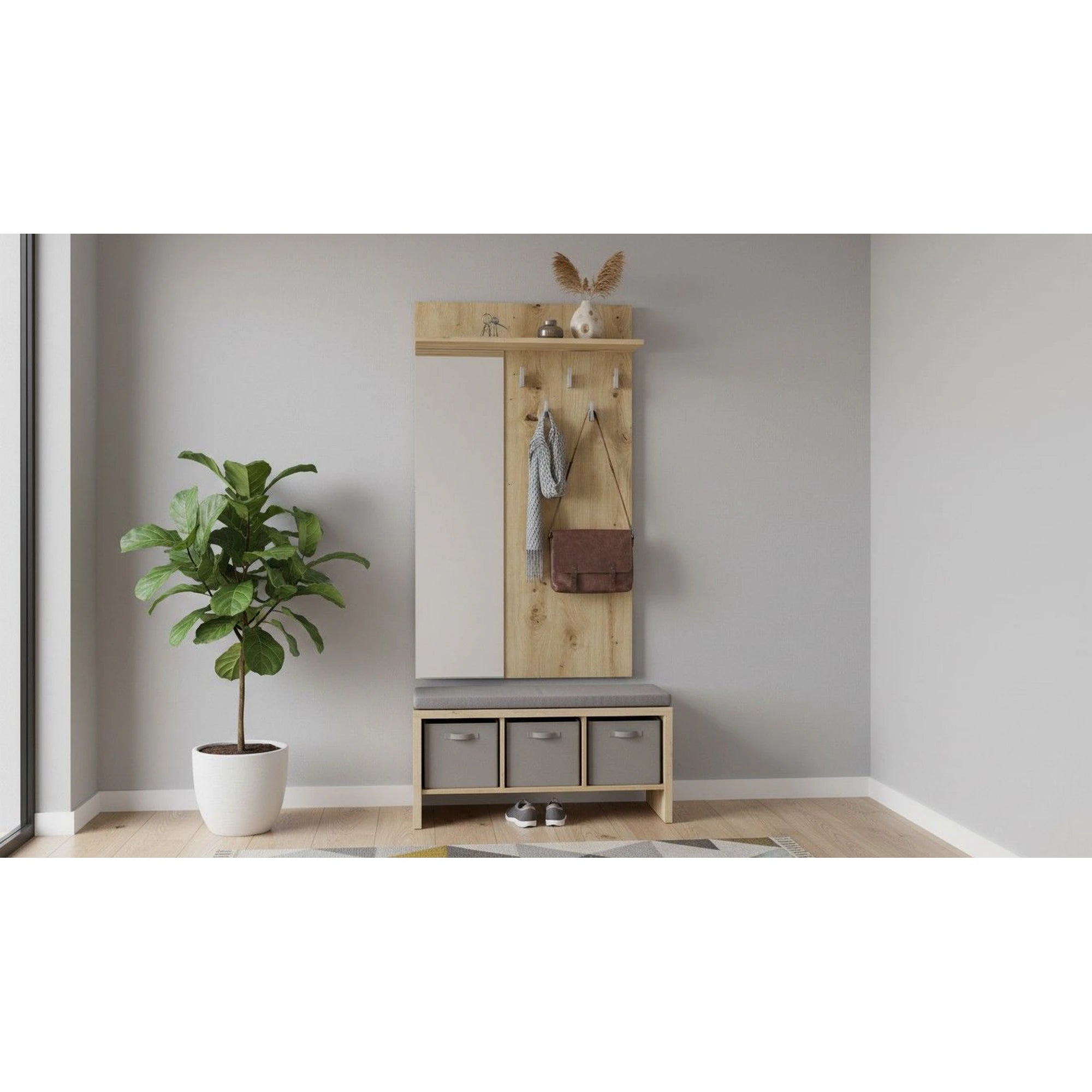 Cuier de perete cu oglinda LIMA PR-1, stejar artisan, PAL laminat, 70x20x120 cm