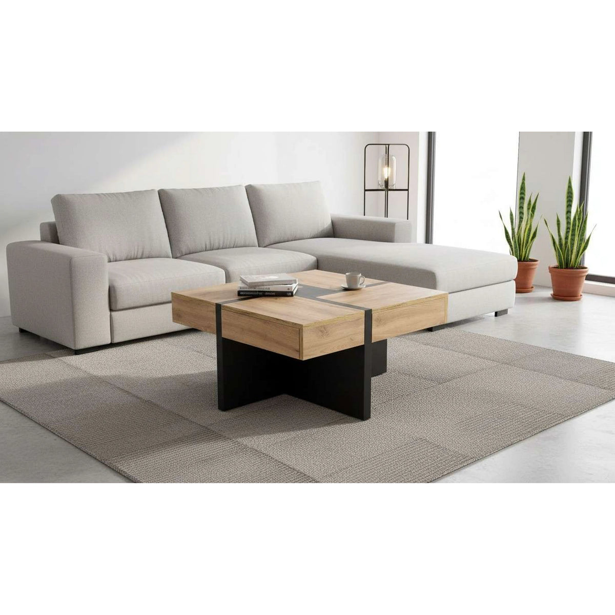 Masuta SEVILLA S, stejar/negru, PAL laminat, 80x80x47 cm