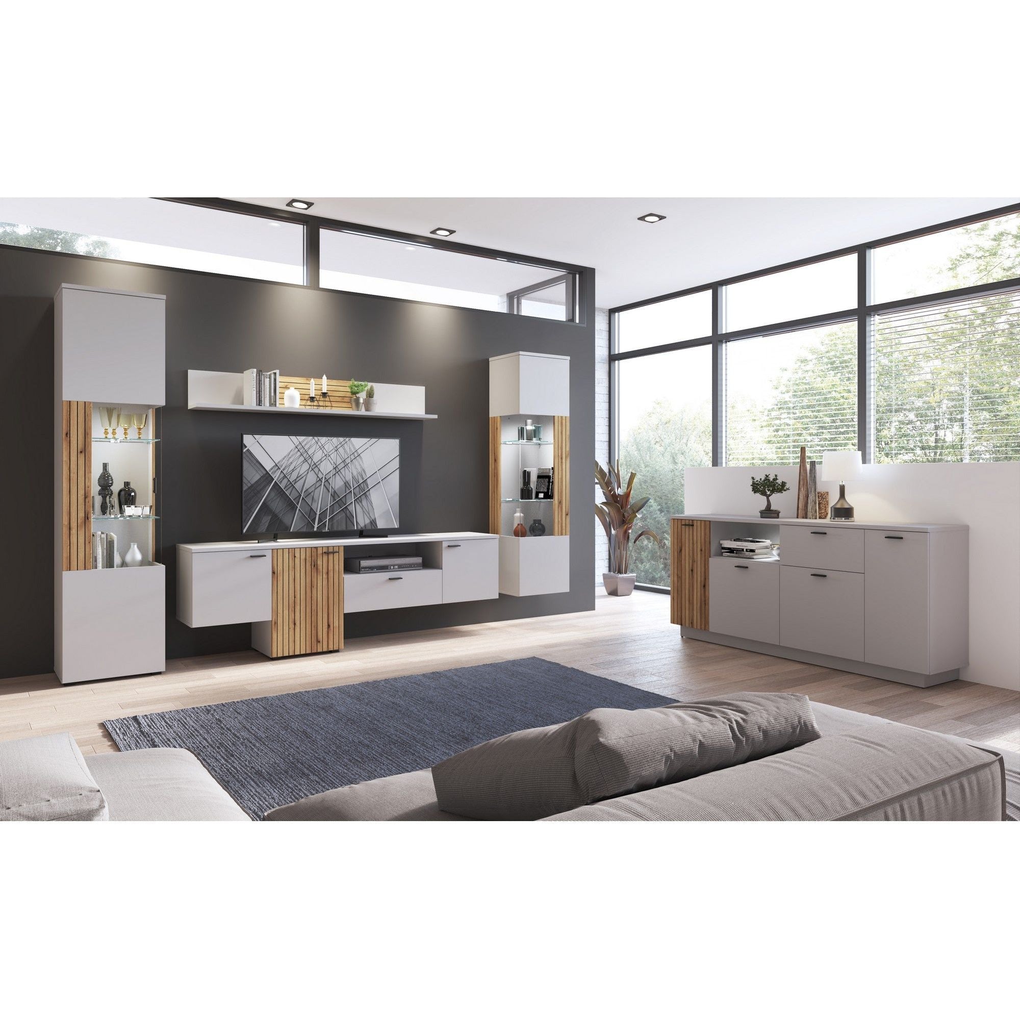 Comoda TV VERO, alb/stejar, PAL laminat/MDF, 160x40x69 cm