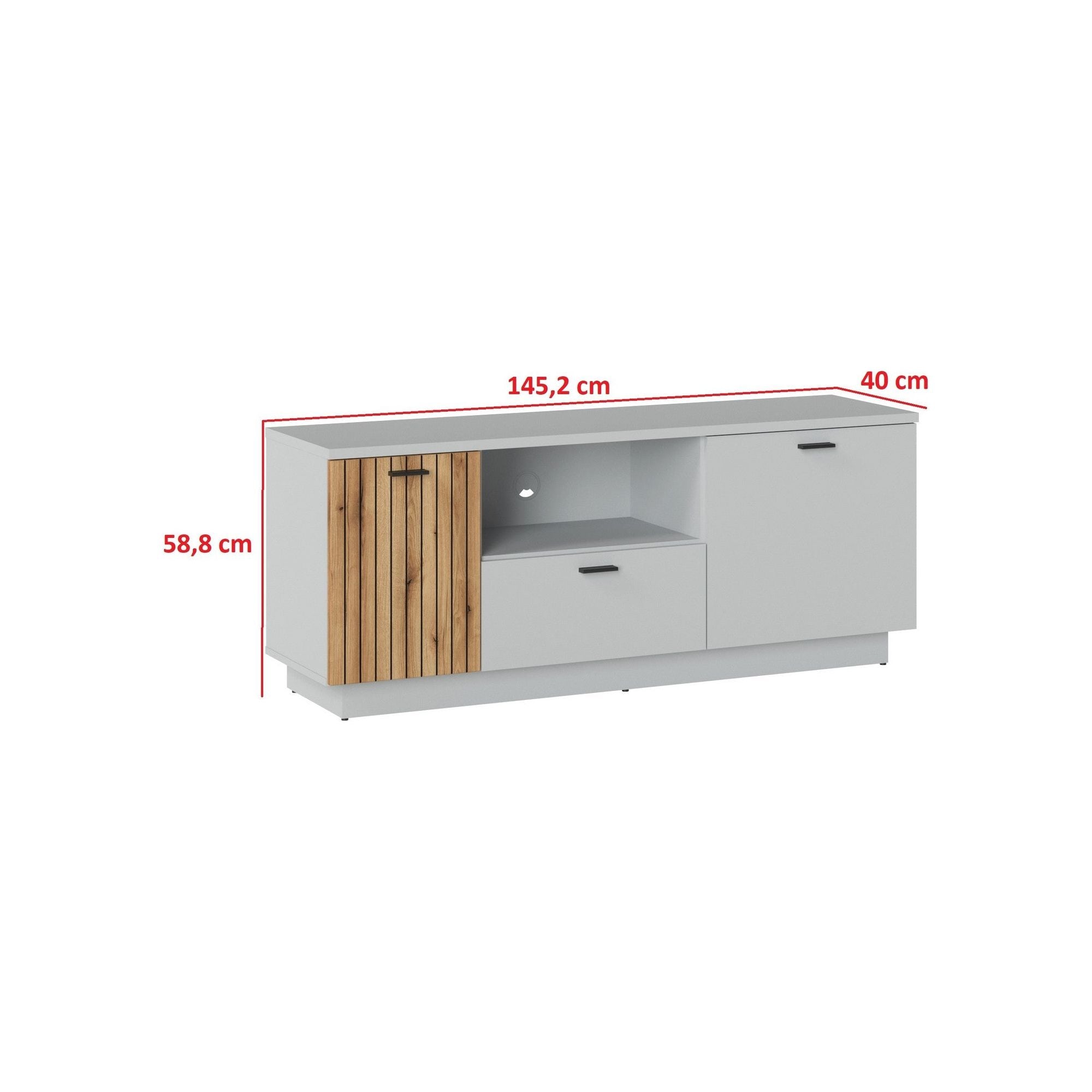 Comoda TV VERO, alb/stejar, PAL laminat/MDF, 145x40x59 cm