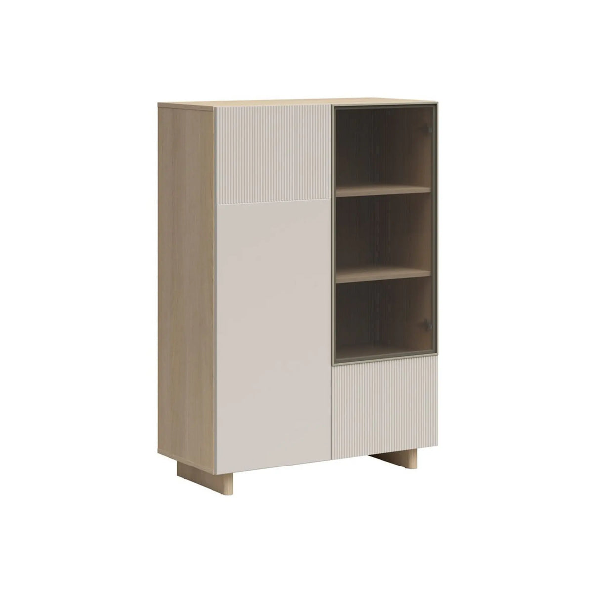 Vitrină CALM, stejar Lindberg/bej nisipiu, PAL/MDF/sticlă, 90x42x131 cm