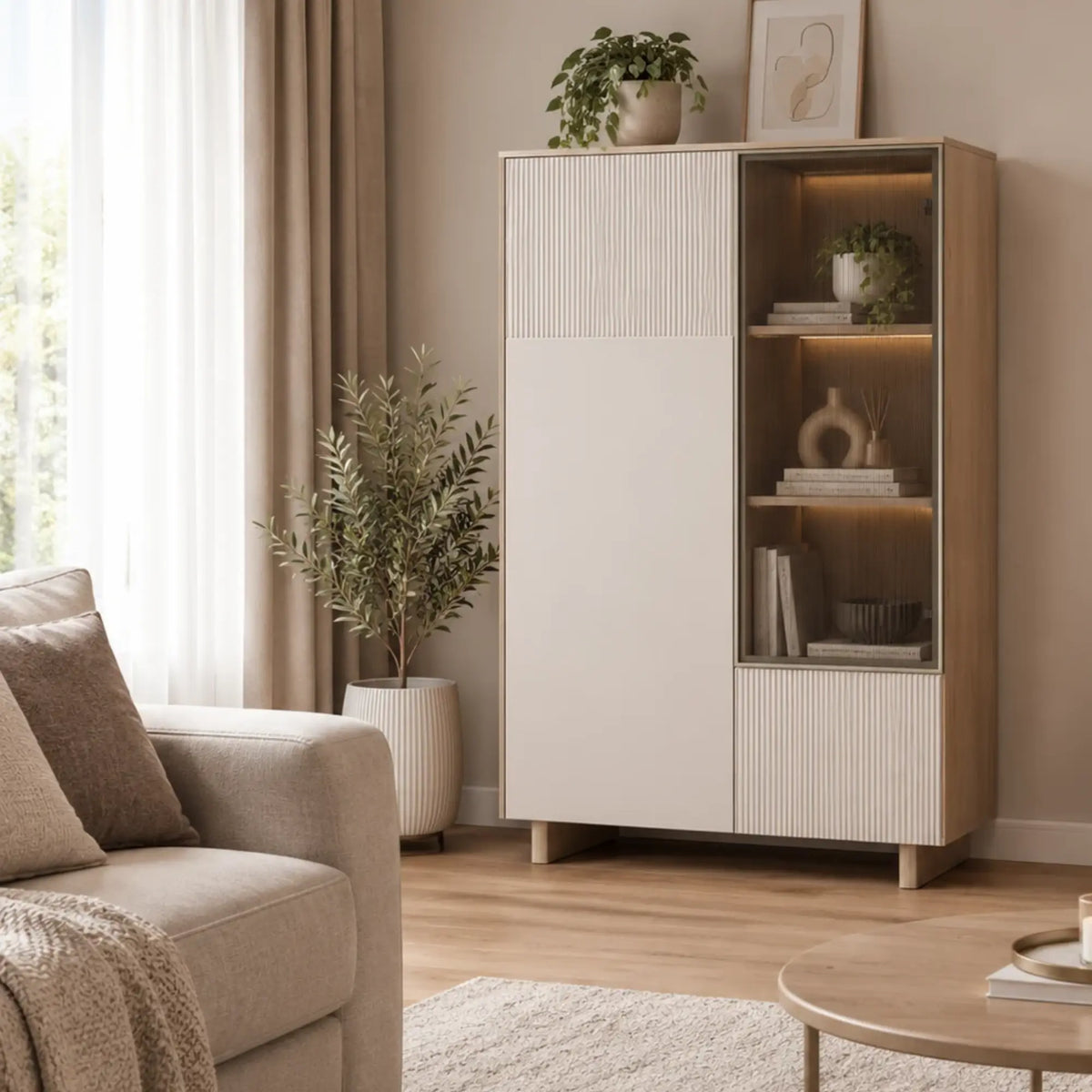 Vitrină CALM, stejar/bej, PAL/MDF/sticlă, 90x42x131 cm