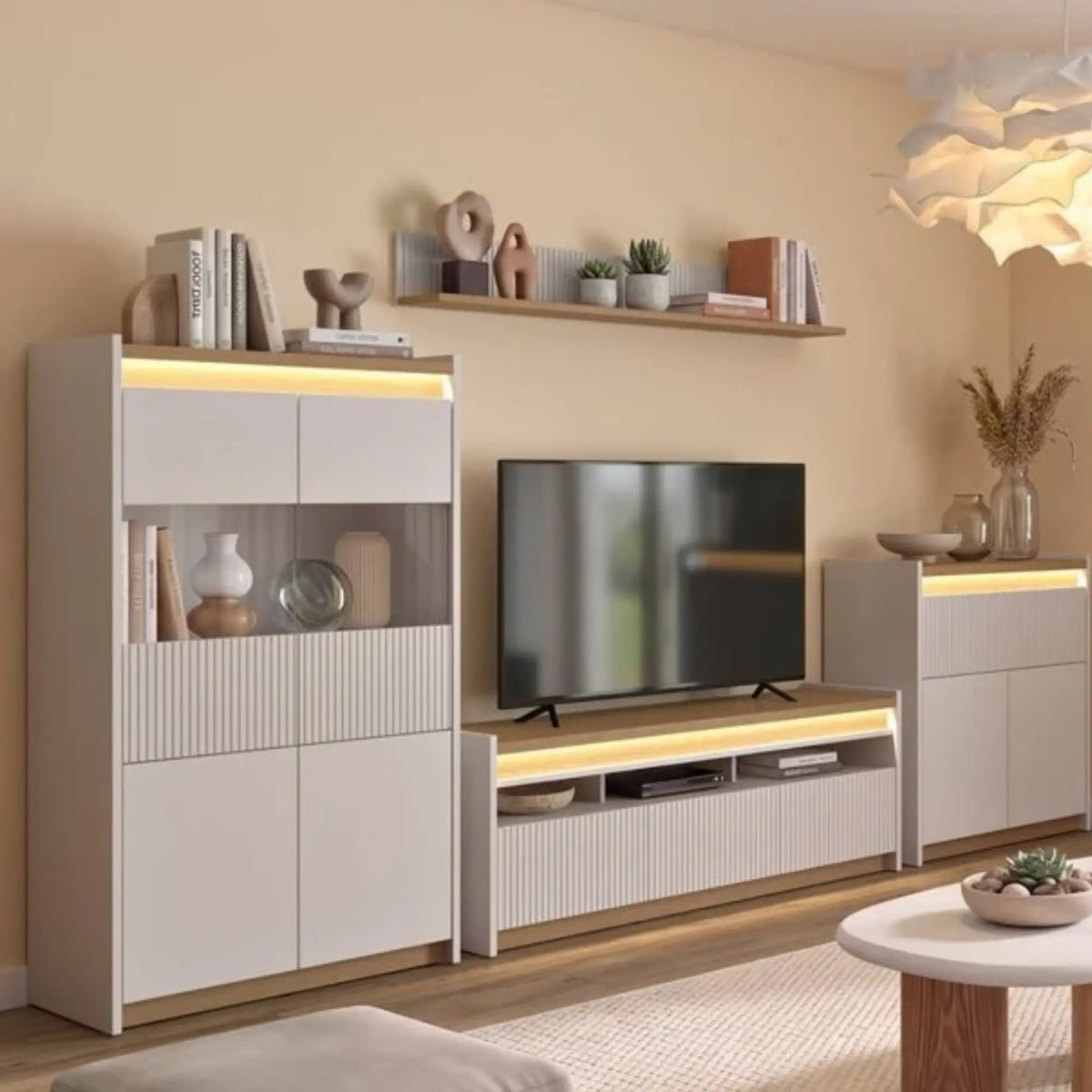 Vitrină LUWIA, gri deschis/stejar arles, PAL, cu iluminare LED, 90x40x151 cm