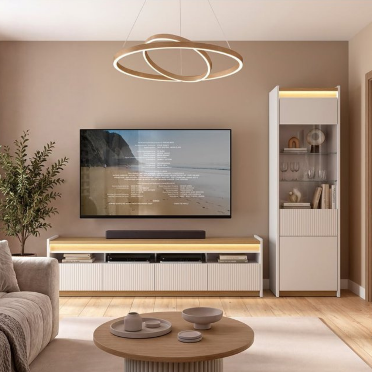 Vitrină LUWIA, gri deschis/stejar arles, PAL, cu iluminare LED, 60x40x201 cm