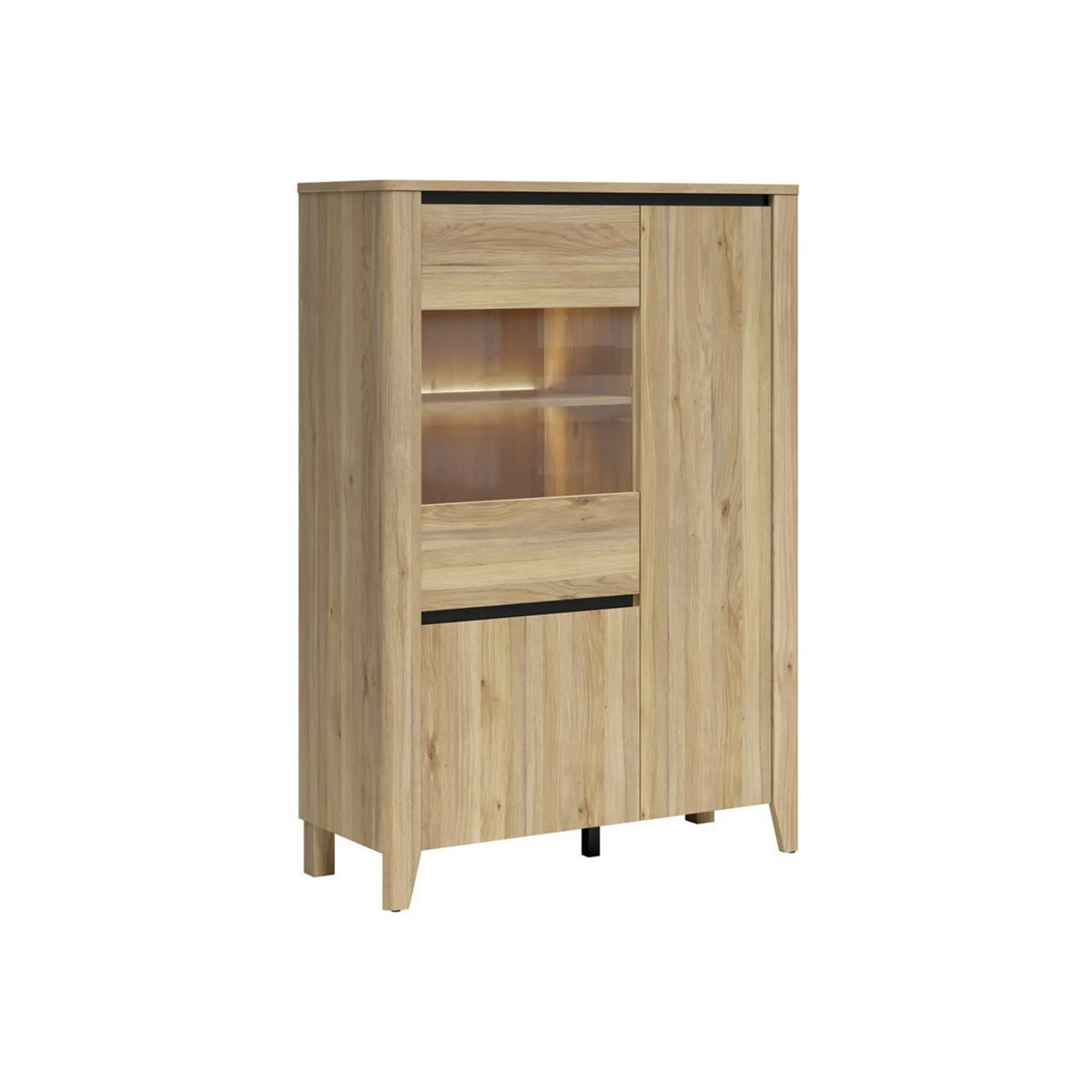 Vitrină SAWIRA II, stejar mauvella, PAL/sticlă, cu iluminare LED, 107x43x152 cm