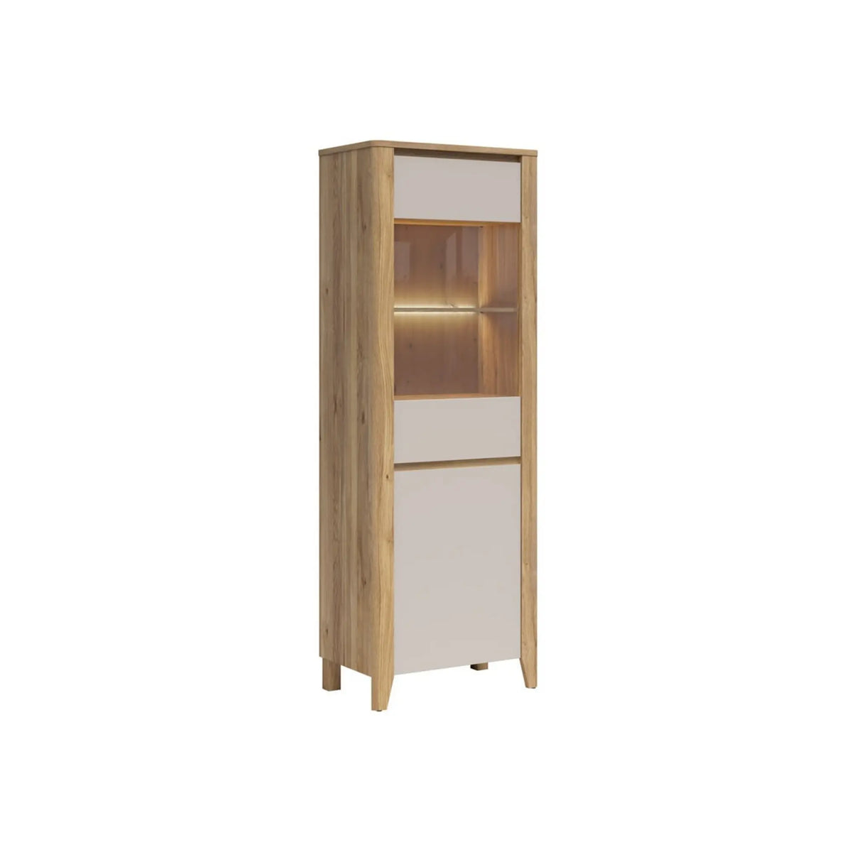 Vitrină SAWIRA II, stejar mauvella/cașmir, PAL/sticlă, cu iluminare LED, 71x43x200 cm