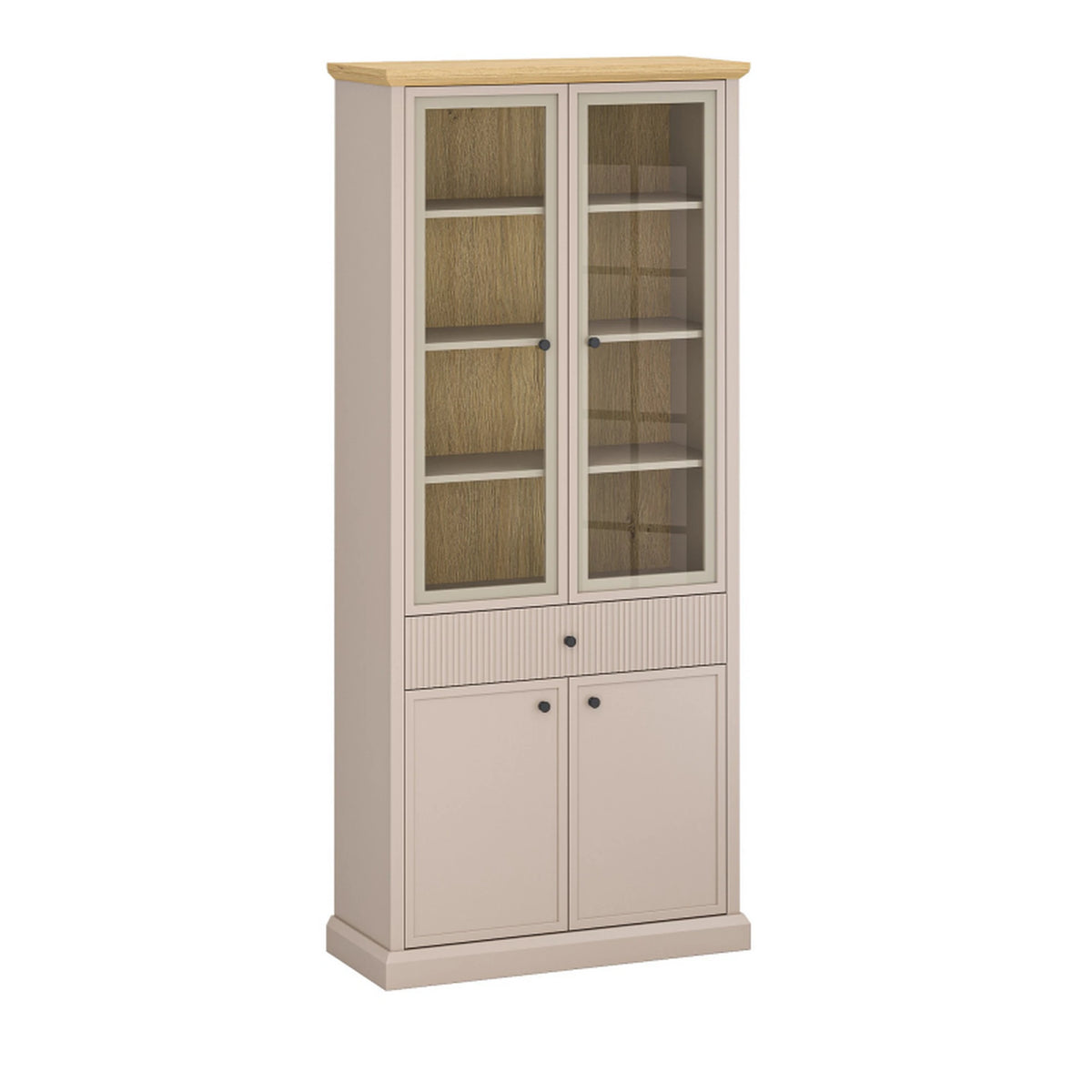 Vitrina ILUSSIO, taupe/stejar, PAL laminat, cu iluminare LED, 93x39x206 cm