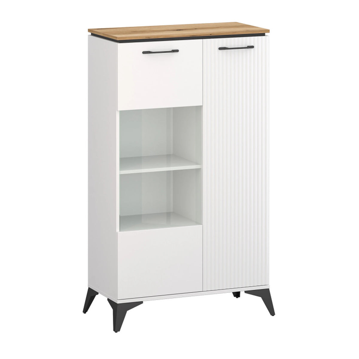 Vitrina VELUTTO, alb/stejar, PAL, cu iluminare LED, 86x44x142 cm