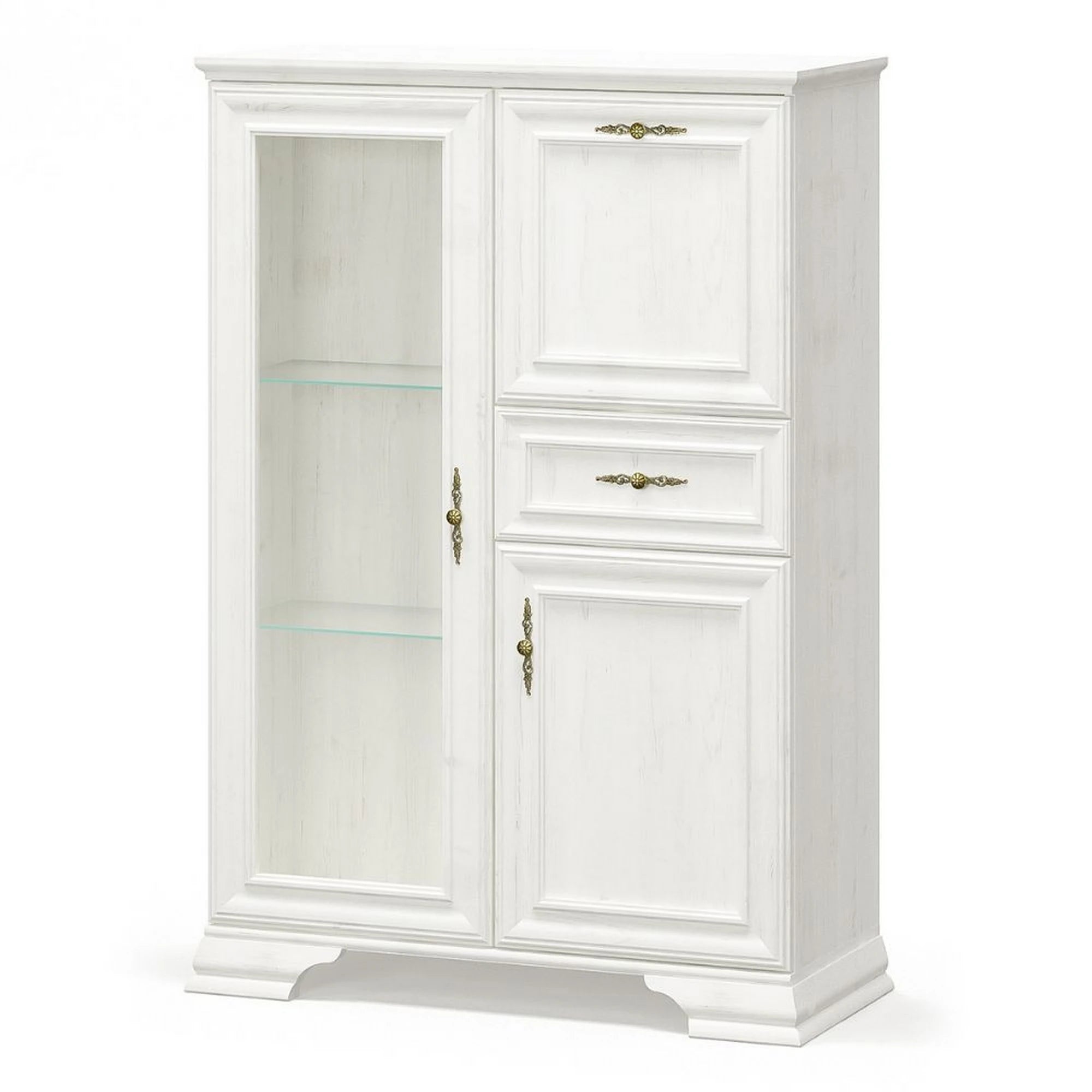 Vitrina living clasica IRYS, pin alb anderson, PAL laminat, 93x39x133 cm