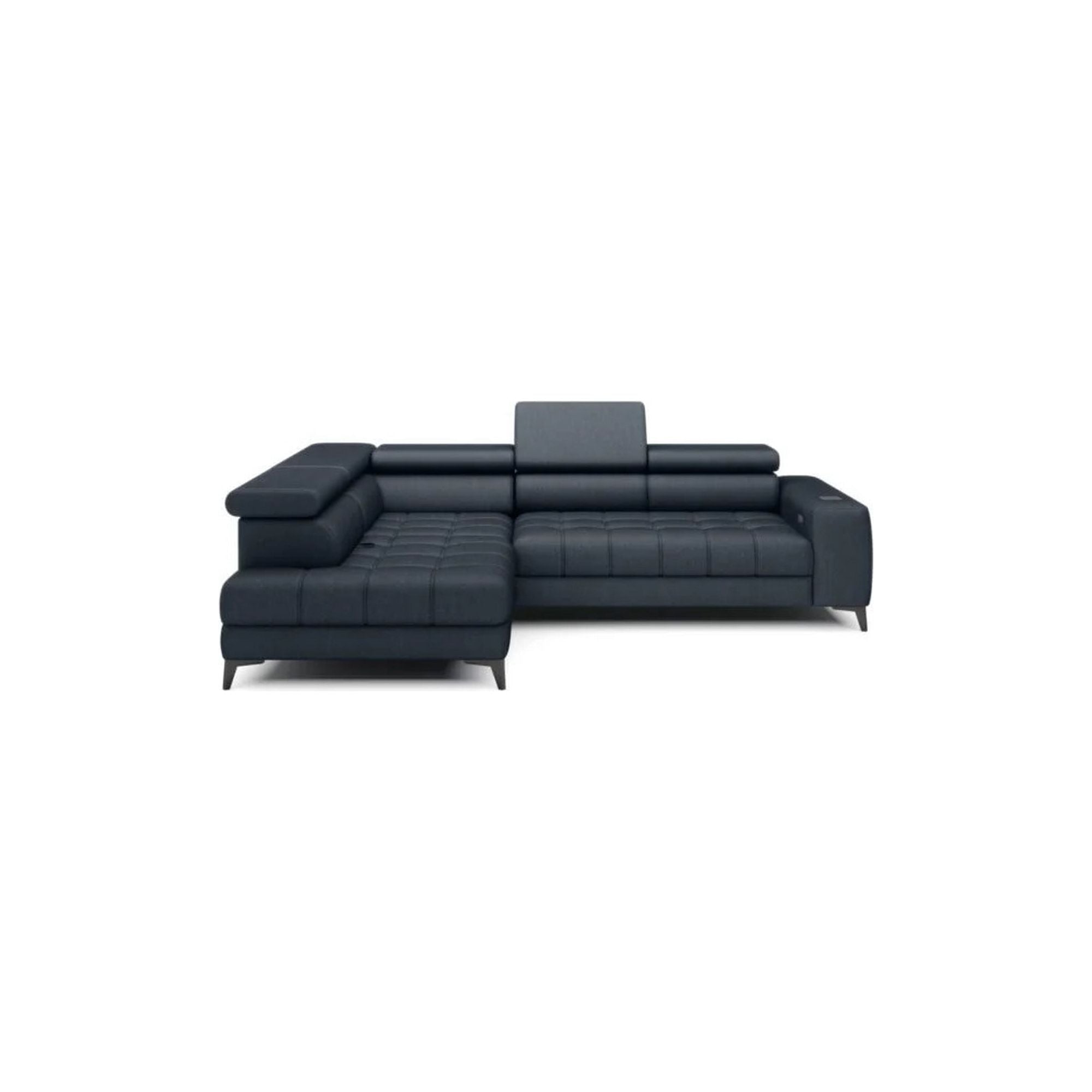 Coltar BAGGIO, sezlong stanga, stofa catifelata gri - Monolith 85, cu reglaj electric, incarcator wireless, lada depozitare si tetiere reglabile, 280x196x100 cm