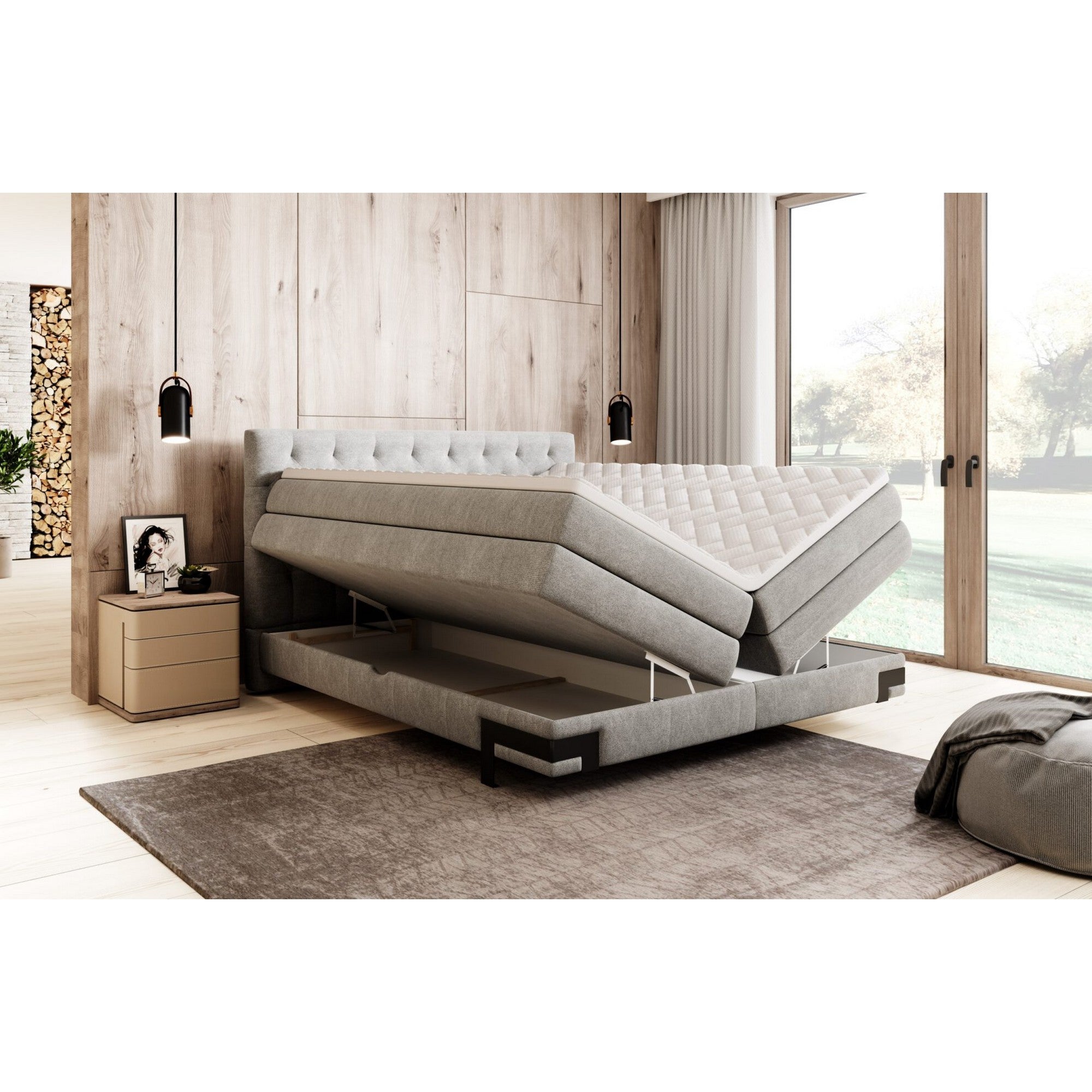 Pat boxspring GODIN 180x200, personalizabil materiale Gama Premium, 2 lazi depozitare, cu saltele si topper
