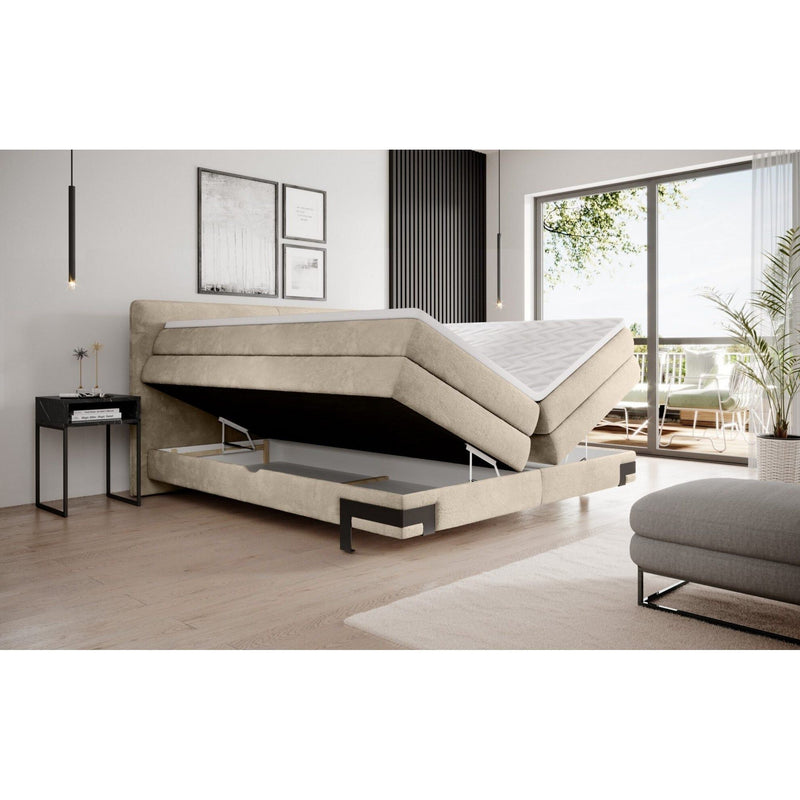 Pat boxspring VALENTE 180x200, personalizabil materiale gama Oferta Avantaj, cu saltele, topper si lada depozitare