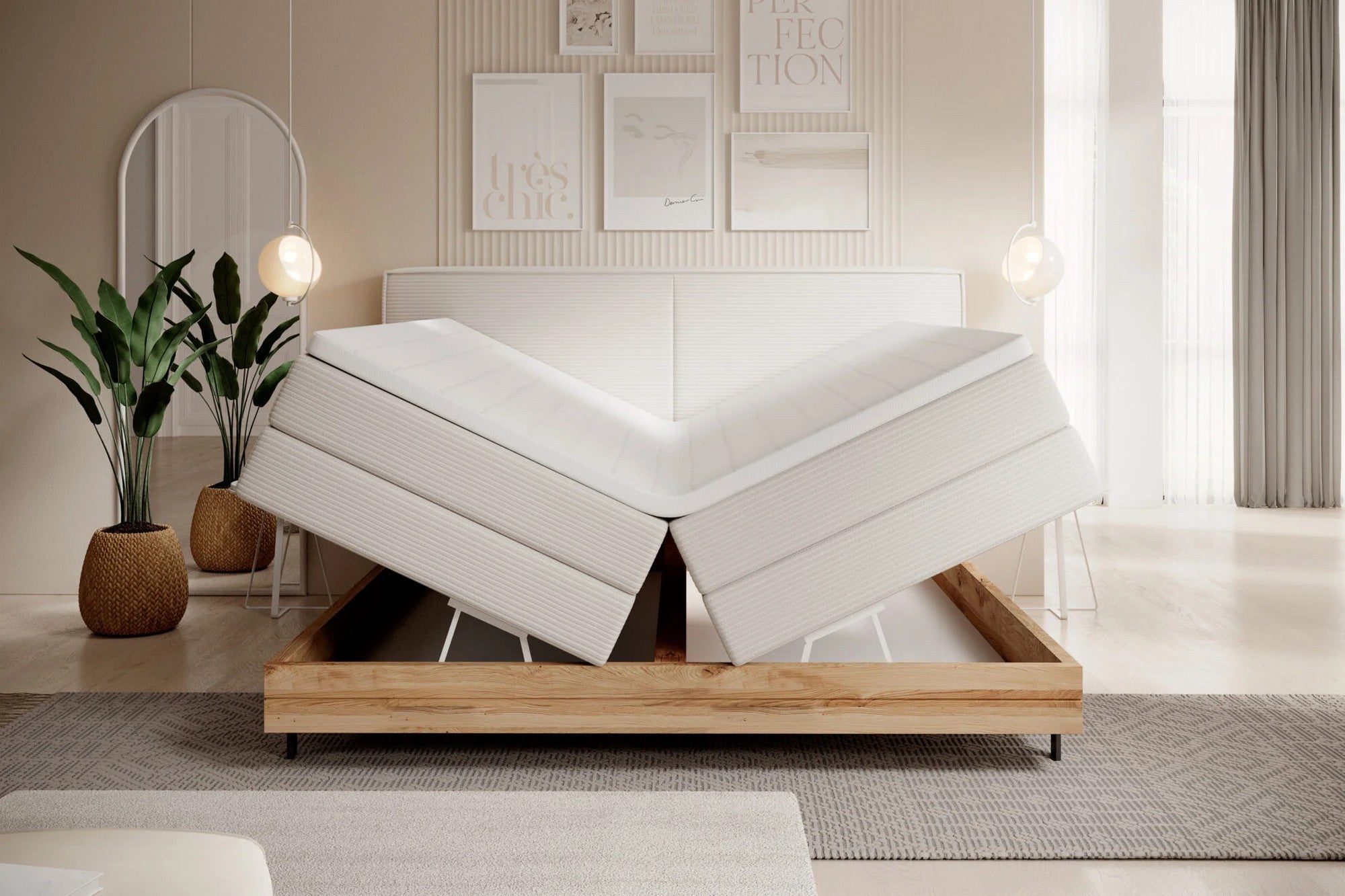 Pat boxspring NEBIA 180x200, personalizabil materiale gama Oferta Avantaj, cu saltele, topper si lada pentru depozitare