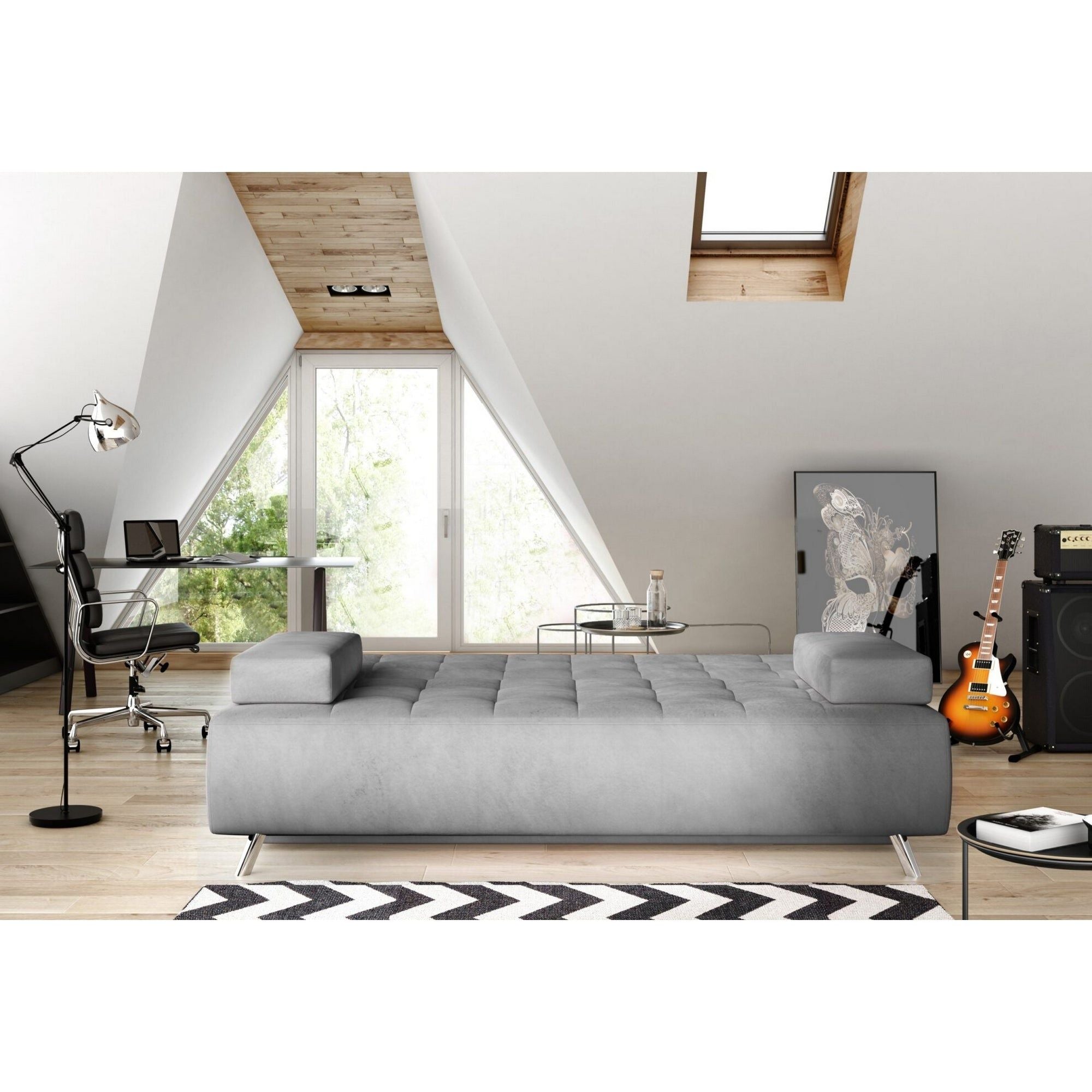 Canapea extensibila OSLO, stofa catifelata gri grafit - Palladium 19, Gama Premium, cu lada depozitare, 197x94x90 cm