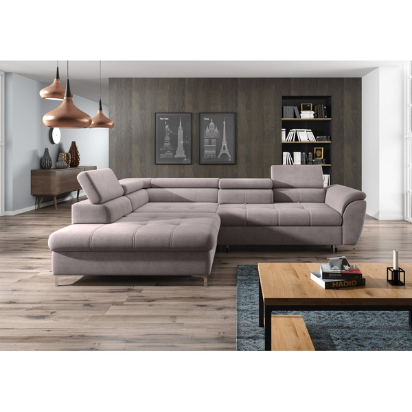 Coltar extensibil TEMPO, sezlong stanga, stofa catifelata bej - Whisper 3, Gama Premium, cu lada depozitare si tetiere reglabile, 290x215x94 cm