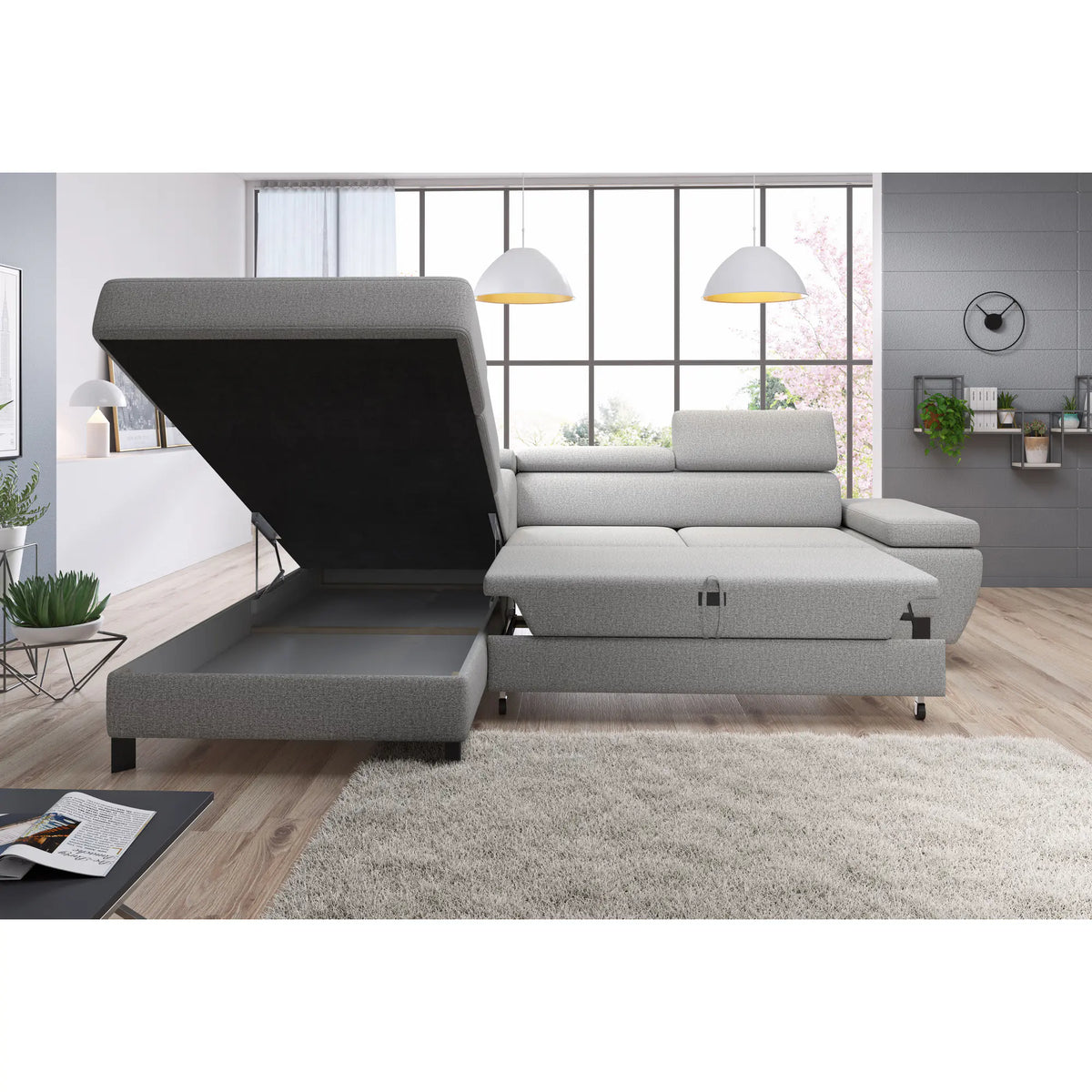 Coltar extensibil MOLINA L, personalizabil materiale gama Oferta Avantaj, cu lada depozitare si tetiere reglabile, 263x210x90 cm