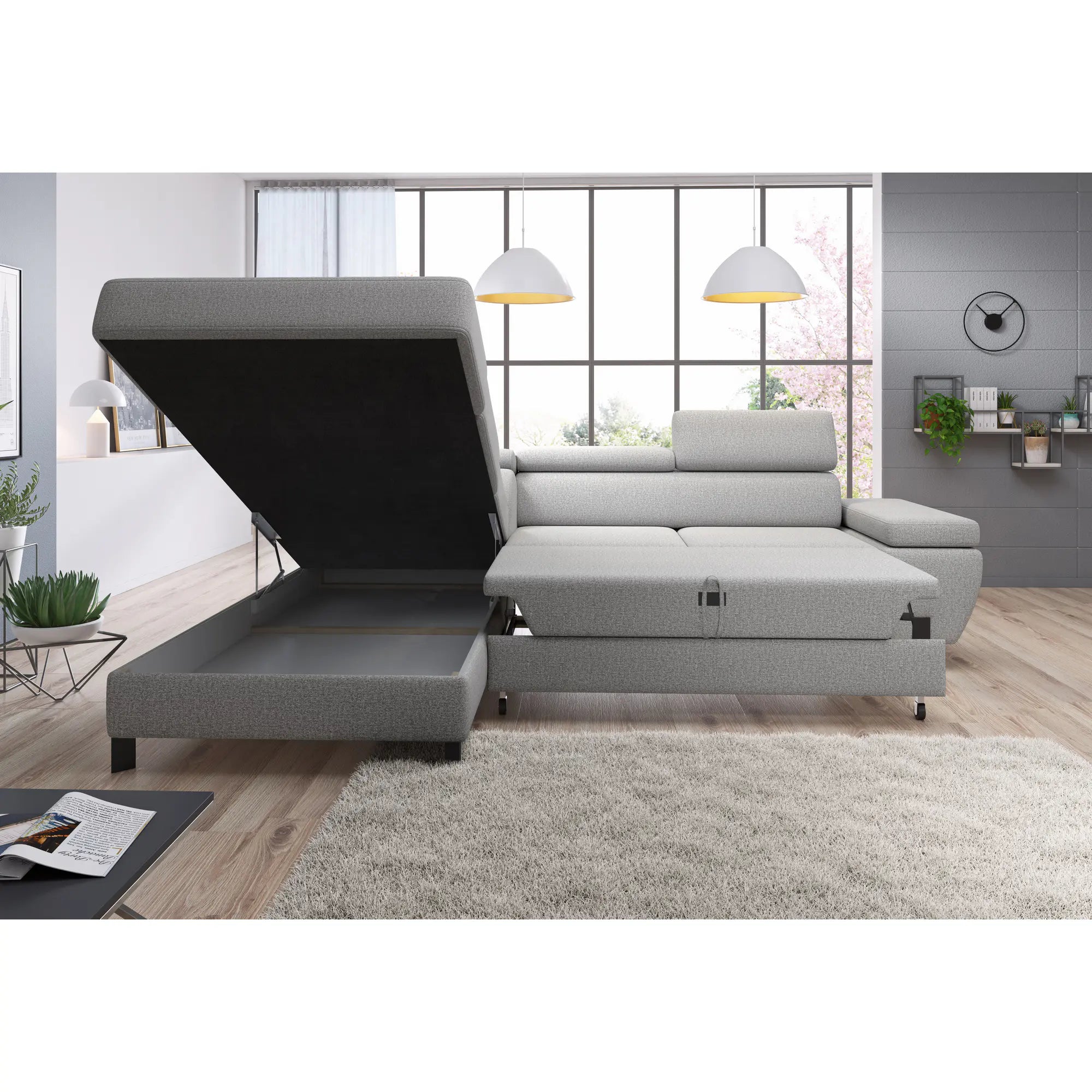 Coltar extensibil MOLINA L, personalizabil materiale gama Oferta Avantaj, cu lada depozitare si tetiere reglabile, 263x210x90 cm