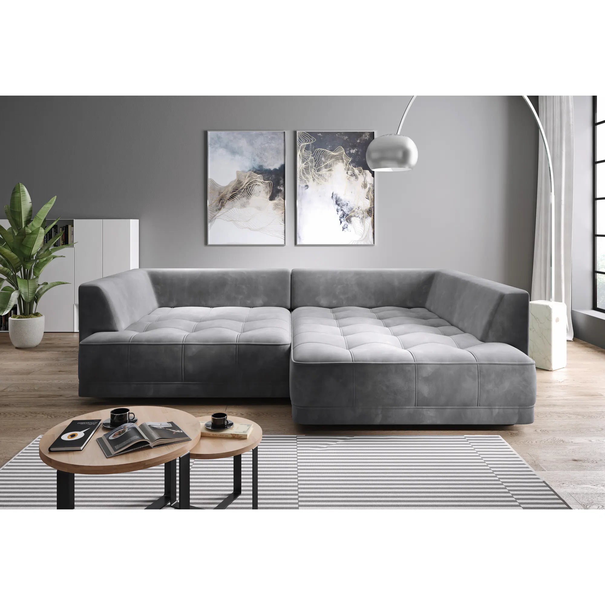 Coltar TIGA, sezlong dreapta, stofa catifelata crem - Salvador 1, Gama Premium, cu reglaj electric, 286x207x77 cm